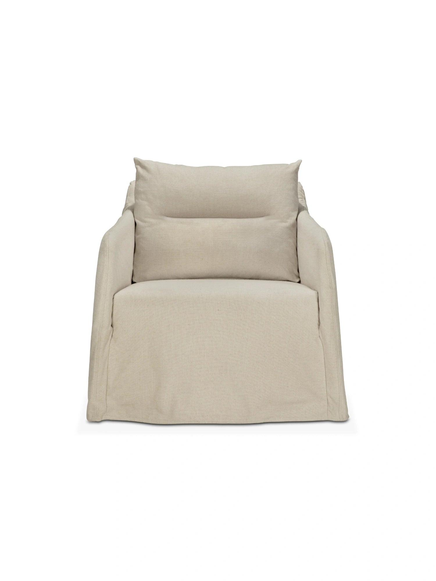 Ethnicraft Weave Lounge Chair, a generous light beige organic modern lounge chair featuring a textured natural linen-blend fabric slipcover with a relaxed silhouette, deep seat, and wide arms. Perfect as a comfortable accent chair for contemporary living rooms or cozy reading nooks.