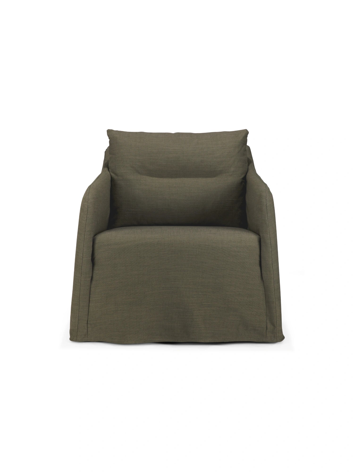 Ethnicraft Weave Lounge Chair, an olive green fabric upholstered armchair featuring a relaxed, contemporary design with a deep, comfortable seat and wide, low-profile arms. This organic modern lounge chair showcases a visible woven texture, offering a casual yet sophisticated slipcover aesthetic.