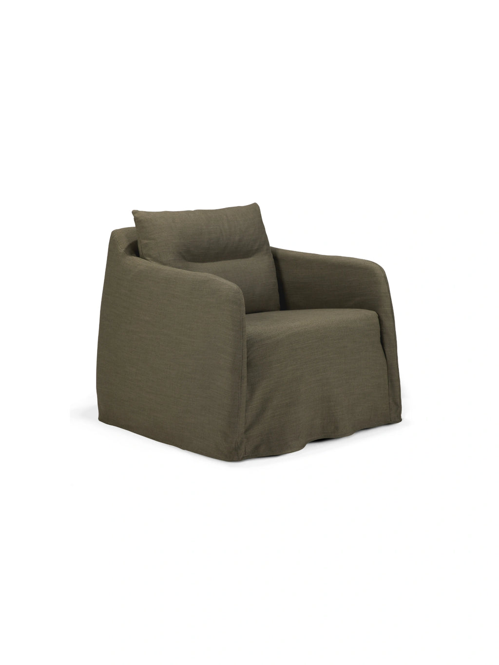 Ethnicraft Weave Lounge Chair, a relaxed modern lounge chair upholstered in a deep olive green textured woven fabric with a soft, slubby finish. Its generous proportions, deep seating, and wide, rounded arms create a comfortable and inviting silhouette with an organic modern design. Perfect as a stylish accent chair for contemporary living rooms, cozy reading nooks, or modern minimalist interiors.