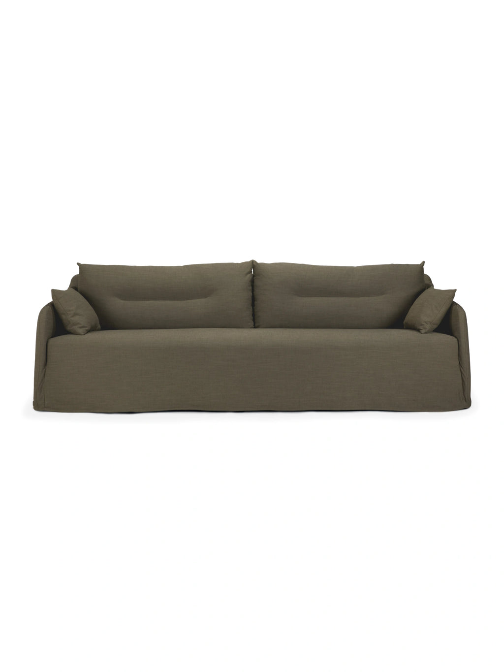 Ethnicraft Weave Sofa, a generous and comfortable modern 3-seater sofa upholstered in a dark olive green woven fabric, featuring a relaxed slipcover design with deep, plush seating cushions and soft, inviting armrests. This contemporary sofa is ideal for creating a cozy yet sophisticated living room with an organic modern aesthetic.