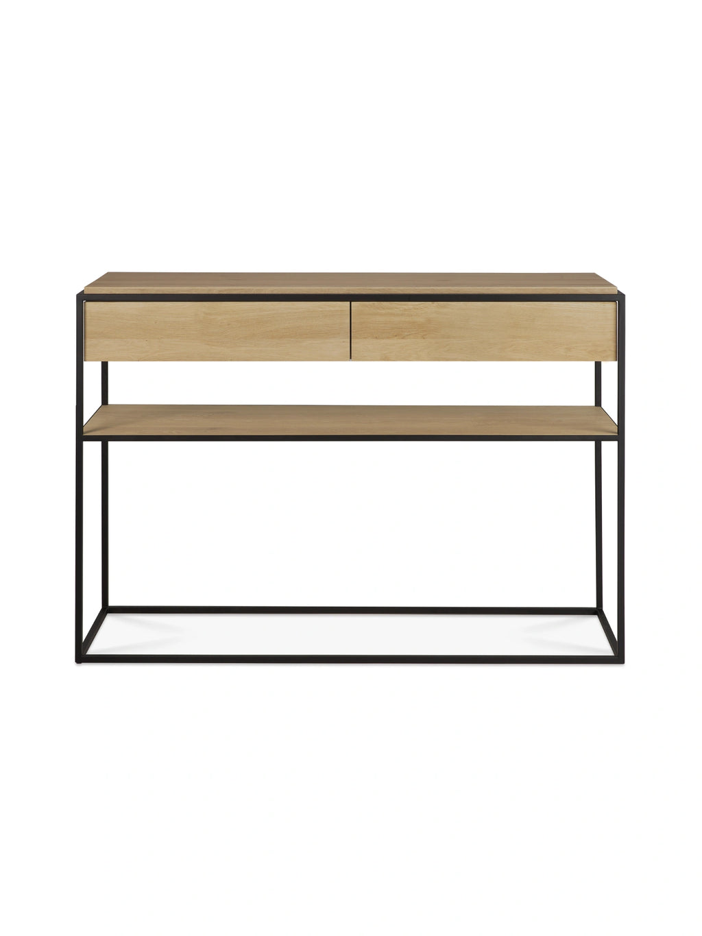 Ethnicraft Monolit Console, a modern minimalist console table featuring a light natural oak wood top with two seamless push-to-open drawers and an open lower shelf, all supported by a sleek matte black metal frame. This contemporary wood and metal console is ideal for entryway furniture, a narrow living room accent, or a minimalist home office desk.