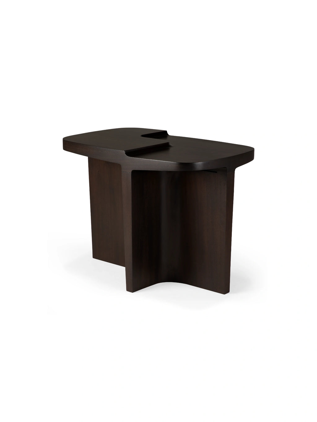 Ethnicraft Brutalist Side Table, a dark stained solid wood side table featuring a bold, sculptural brutalist design with a unique geometric cut-out on its rectangular top and thick, architectural panel.