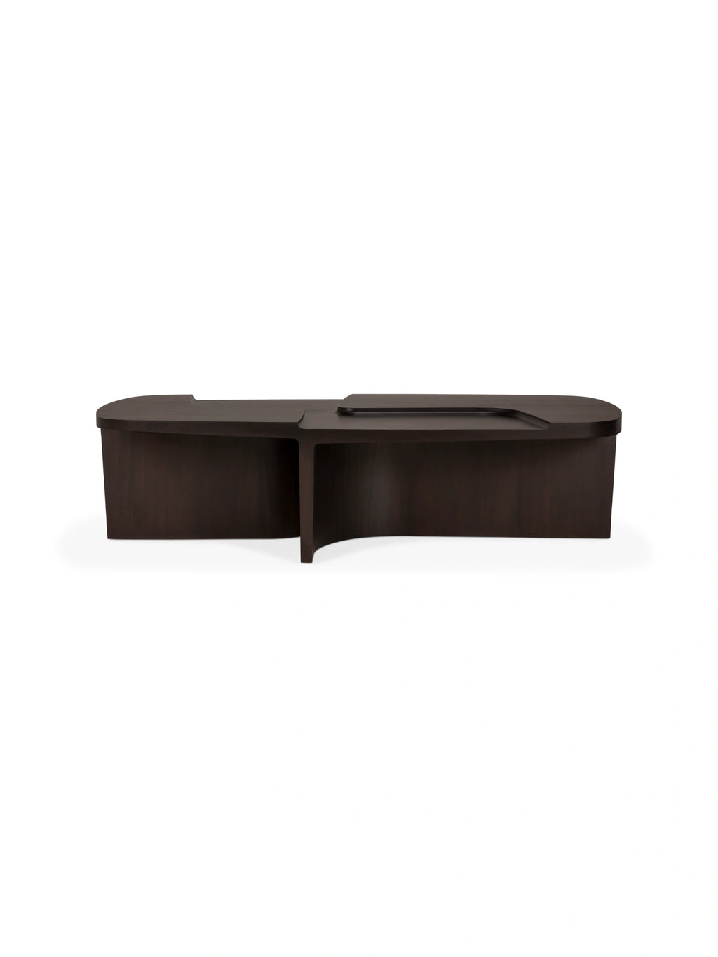Ethnicraft Brutalist Coffee Table, a striking dark brown solid wood coffee table with an asymmetrical, organic shape and rounded edges.