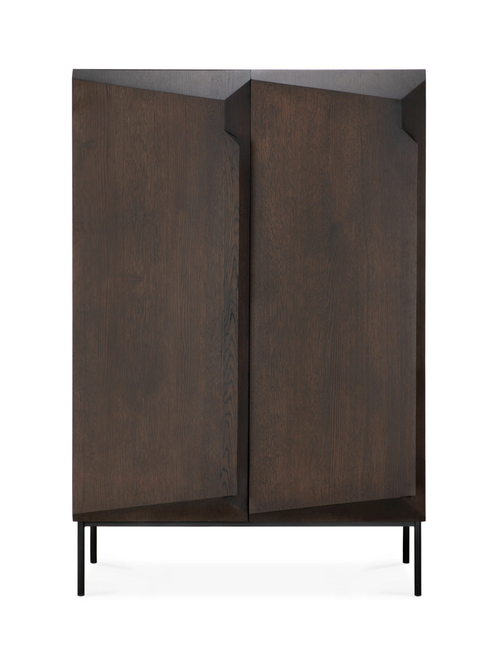 Ethnicraft Stairs Cupboard, a distinctive modern storage cabinet crafted from dark brown solid oak with a visible wood grain, featuring striking geometric faceted doors that create a sculptural, angular 'stairs' effect.