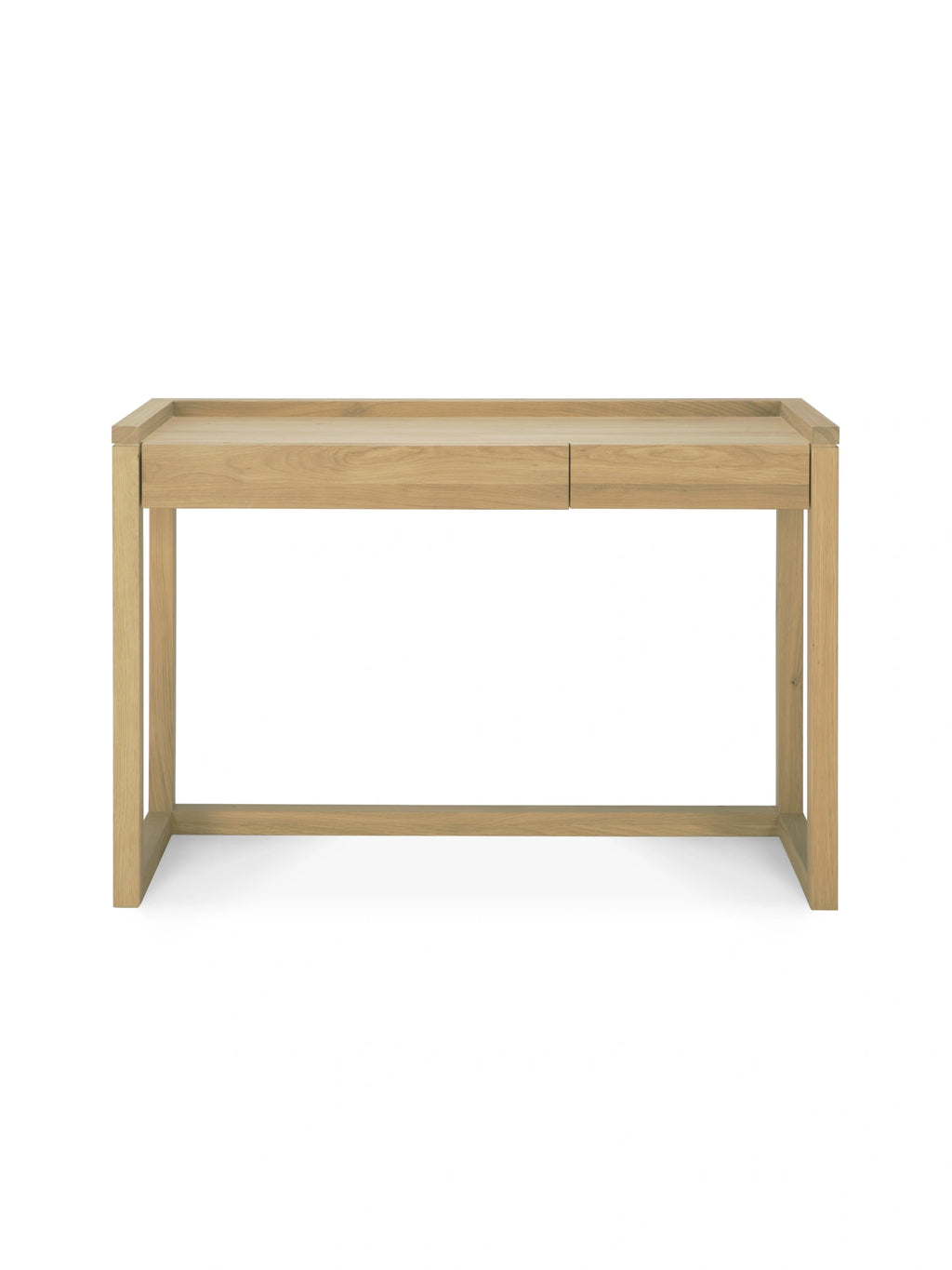 Ethnicraft Frame Desk, a modern light oak desk with a clean, rectangular design, featuring two subtle integrated drawers and a sturdy, open frame, on a white background.
