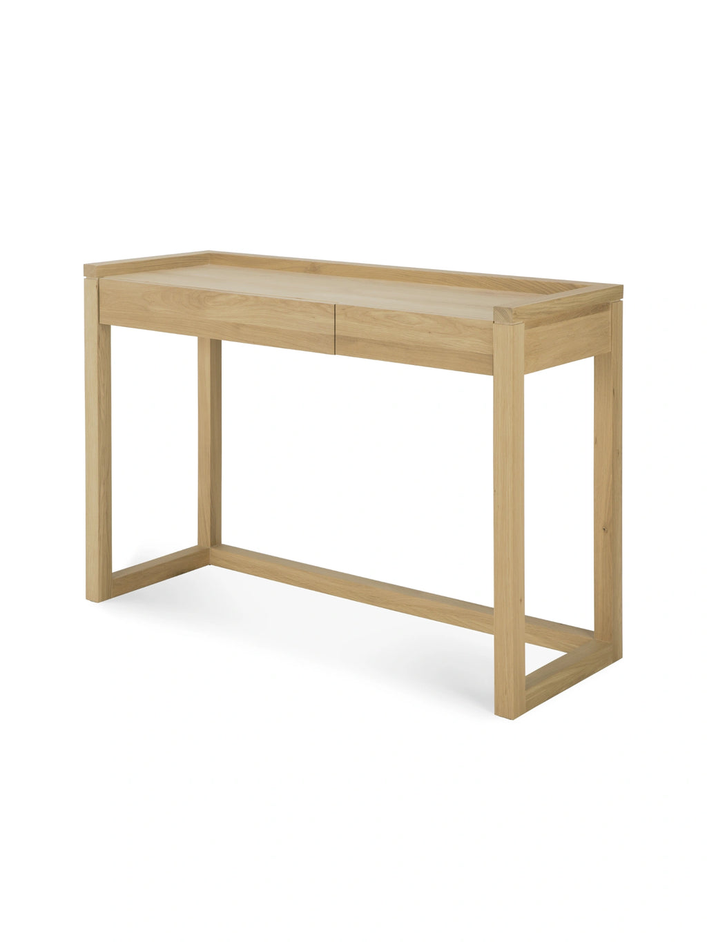 Ethnicraft Frame Desk, a stylish light oak desk viewed from the side, showcasing its slender, architectural frame and integrated drawer, against a bright white background.