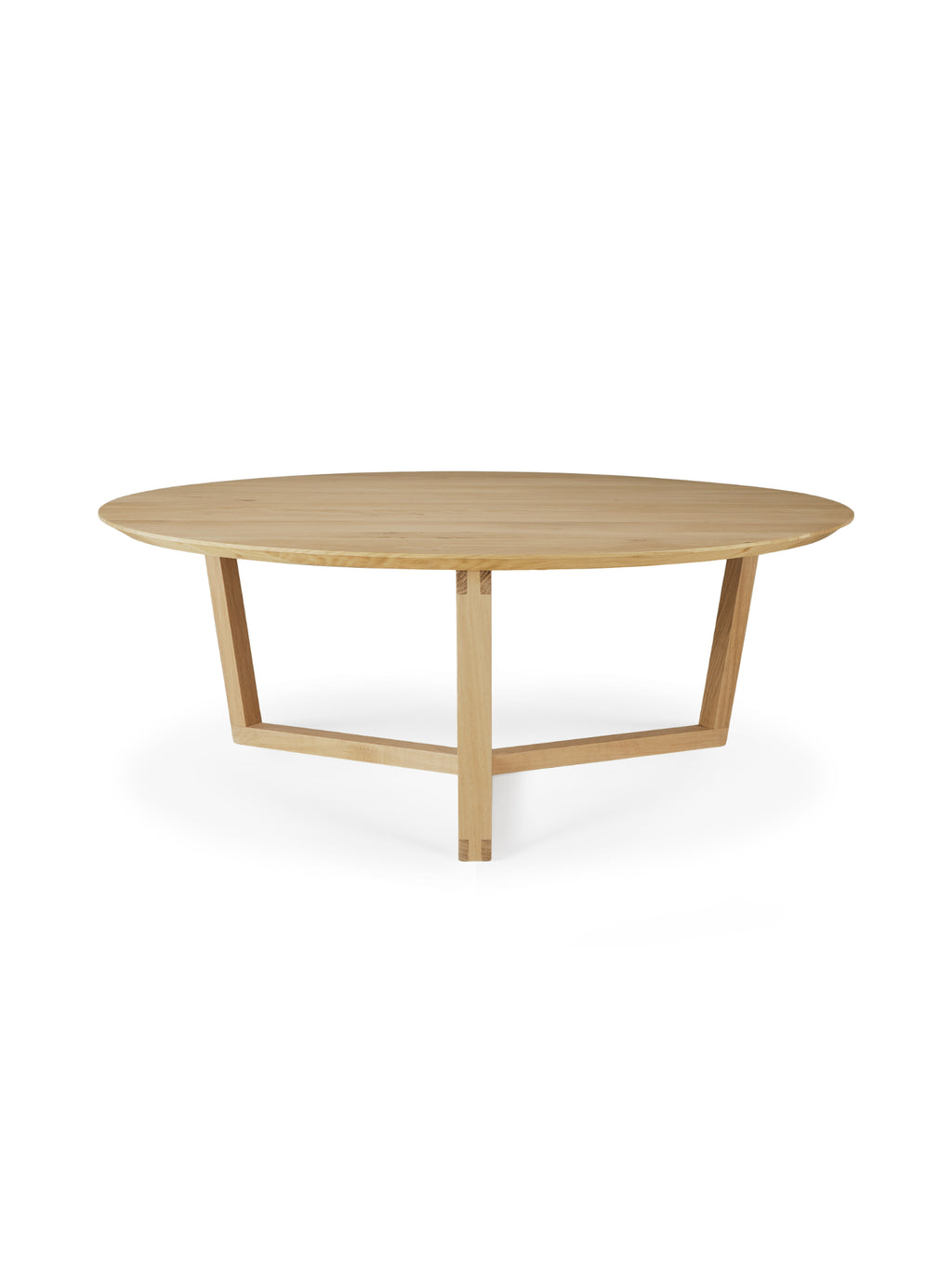 Ethnicraft Tripod Coffee Table, a round, light oak wood coffee table featuring a unique three-legged base with interlocking joinery, showcasing natural wood grain and a minimalist, modern design, displayed on a clean white background.