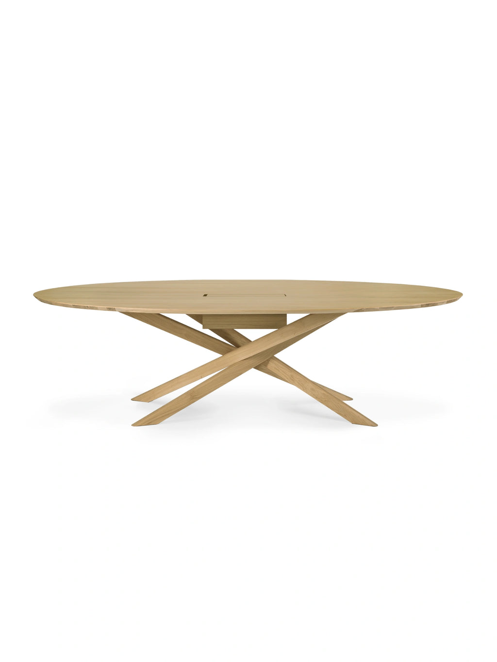 Ethnicraft Mikado Meeting Table, a modern oval extendable dining table crafted from light natural solid oak with a smooth, clean-lined finish and a unique sculptural interlocking leg base.
