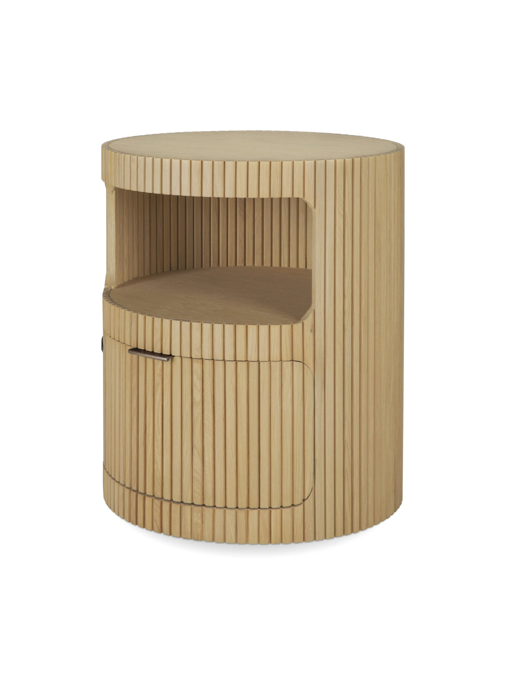 Ethnicraft Boomerang Drawer Unit, a modern minimalist cylindrical storage unit crafted from natural solid oak with a distinctive fluted wood texture and a smooth round top.