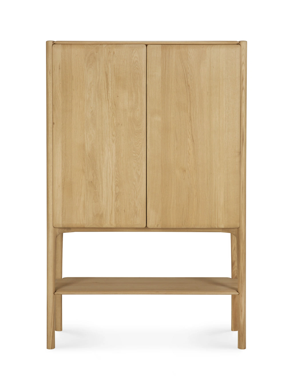 Ethnicraft PI Cupboard, a modern minimalist solid oak storage cabinet featuring a light natural wood finish with visible grain, two push-to-open doors, and beautifully rounded edges. This Scandinavian-inspired piece stands on elegant legs, offering an open storage shelf below the main cabinet. Perfect as a contemporary storage solution for living rooms, dining areas, or bedrooms seeking organic modern design.