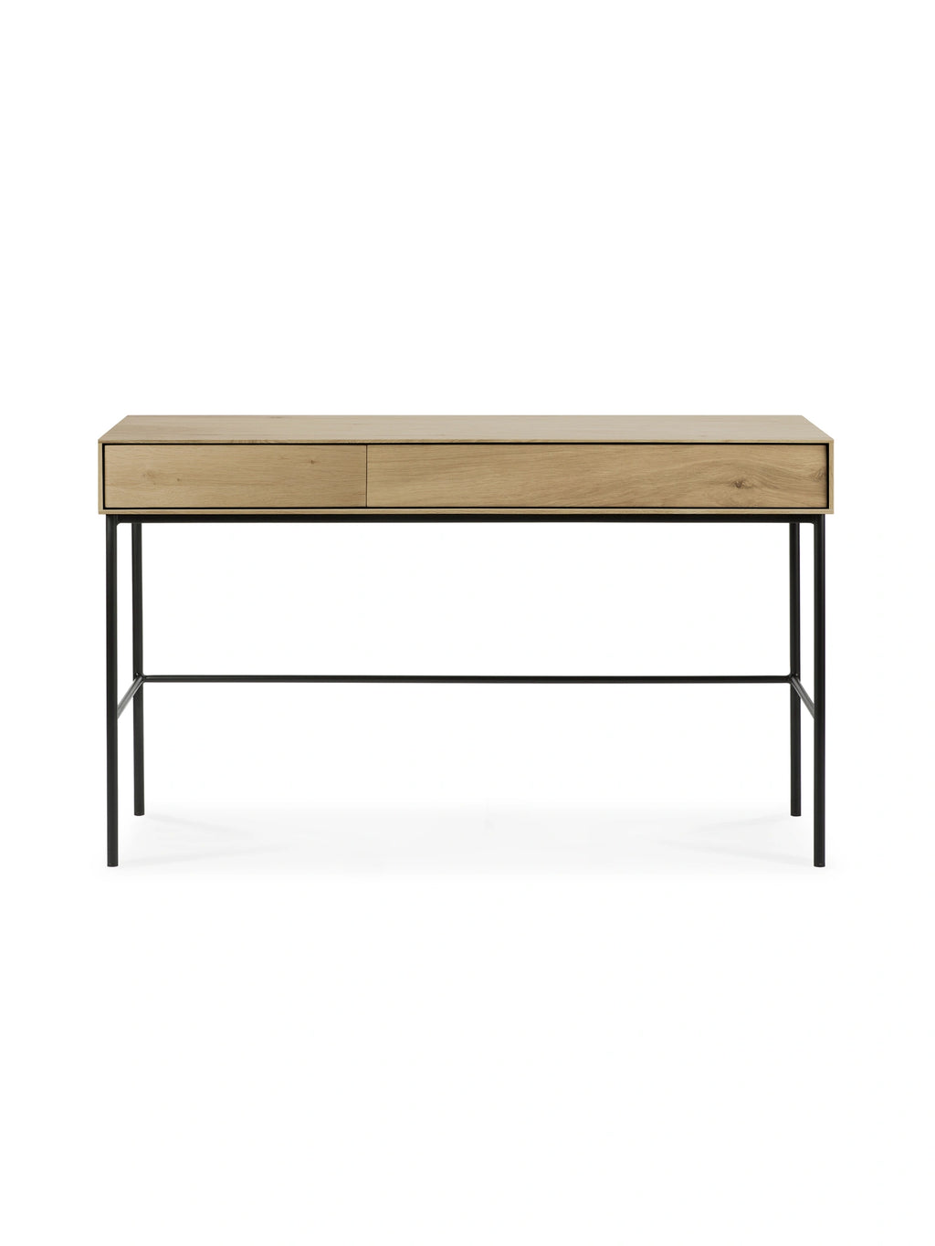 Ethnicraft Whitebird Desk, a minimalist light oak desk with a contrasting black metal base and two integrated drawers, offering a clean and functional workspace, on white.