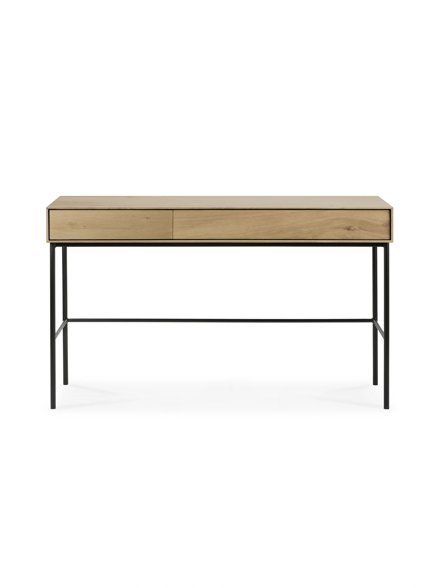 Ethnicraft Whitebird Desk, a minimalist light oak desk with a contrasting black metal base and two integrated drawers, offering a clean and functional workspace, on white.