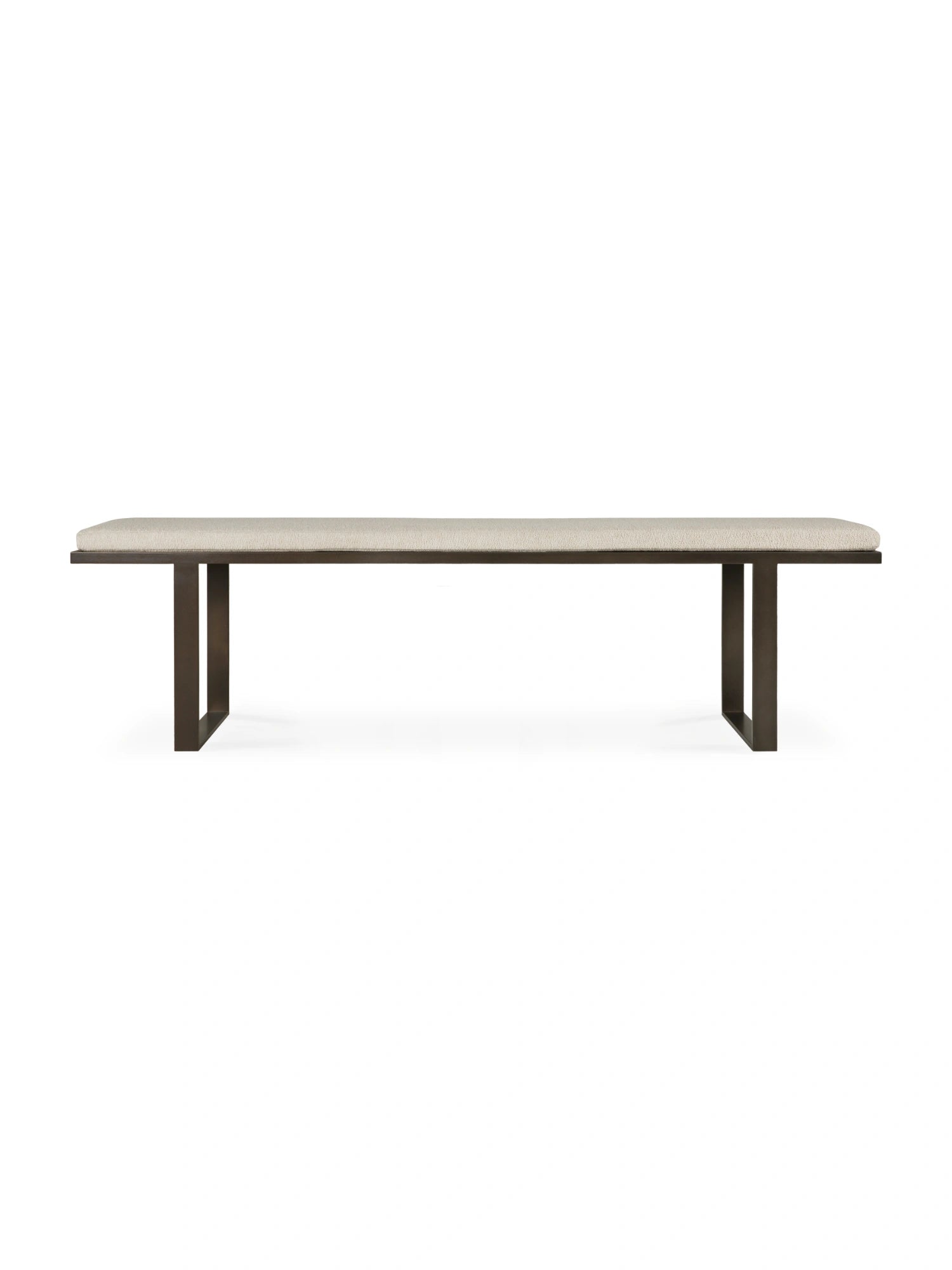 Ethnicraft Stability Bench, a modern minimalist dining bench featuring a sturdy dark brown solid wood frame with clean, rectangular lines and a plush, textured light beige bouclé fabric upholstered seat. This contemporary wood and fabric bench is perfect for adding stylish seating to a dining room, entryway, or bedroom.