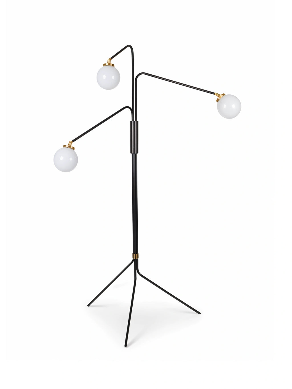 CTO Lighting Array Opal Floor Lamp, a modern black metal floor lamp with three adjustable arms, each holding a spherical opal glass diffuser, accented with brass details, displayed on a clean white background.