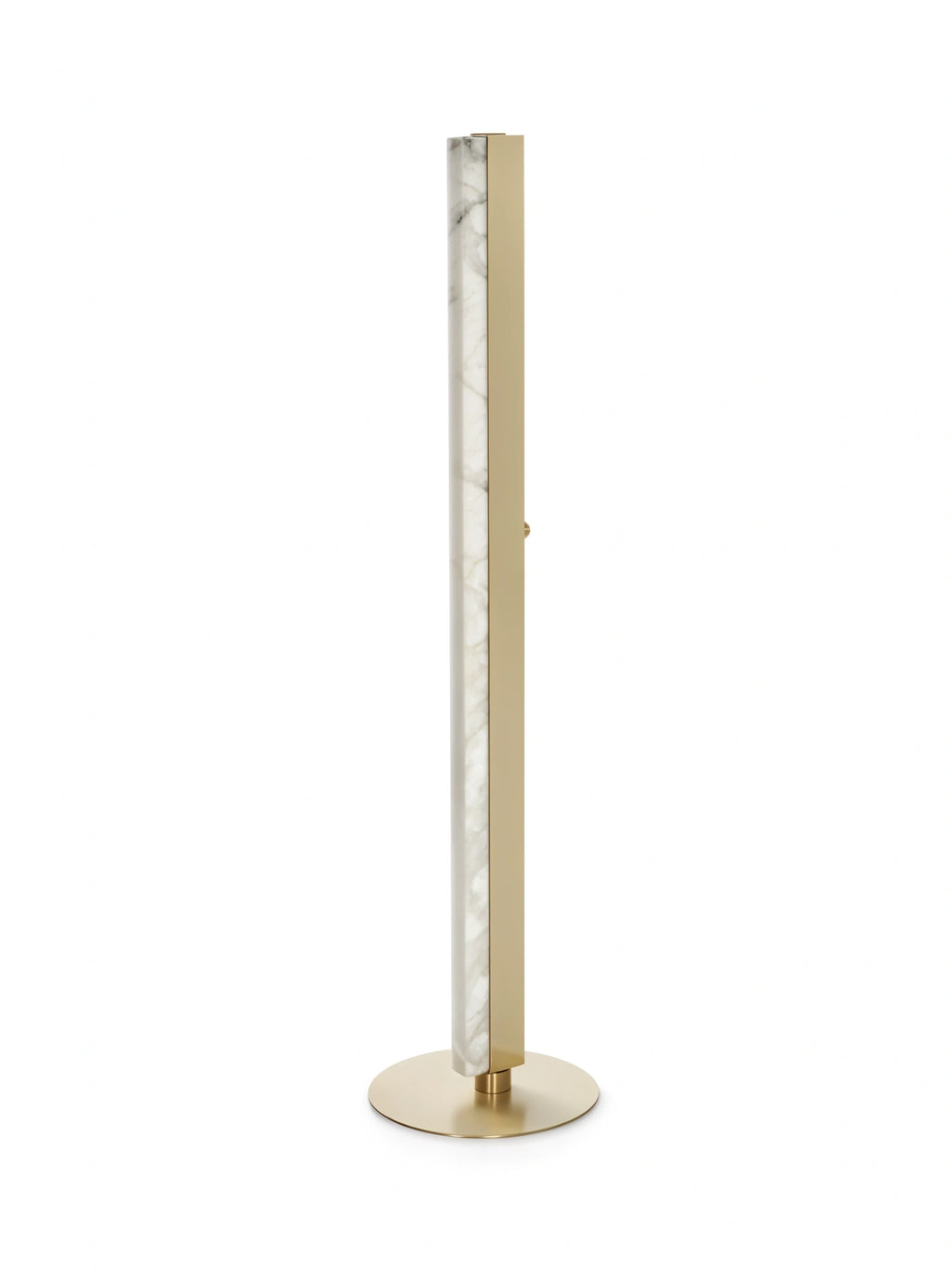 CTO Lighting Artes Floor Lamp in brass, a luxurious rectangular lamp showcasing a glowing white alabaster panel framed by a polished brass structure, resting on a matching circular brass base, on a white background.