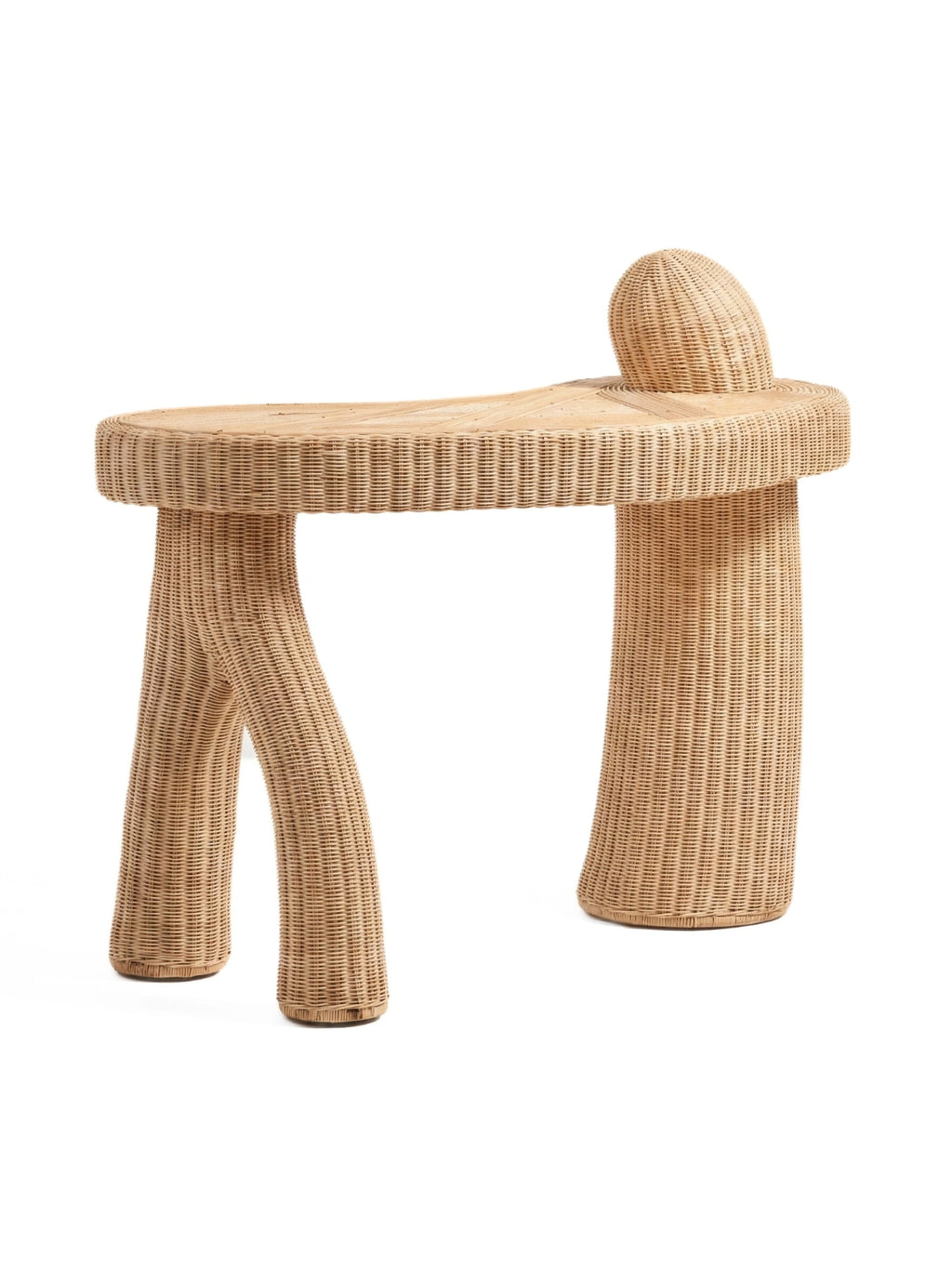 Heaps & Woods Asahan Desk, a sculptural organic modern desk crafted entirely from natural woven rattan in a warm, light blonde tone.