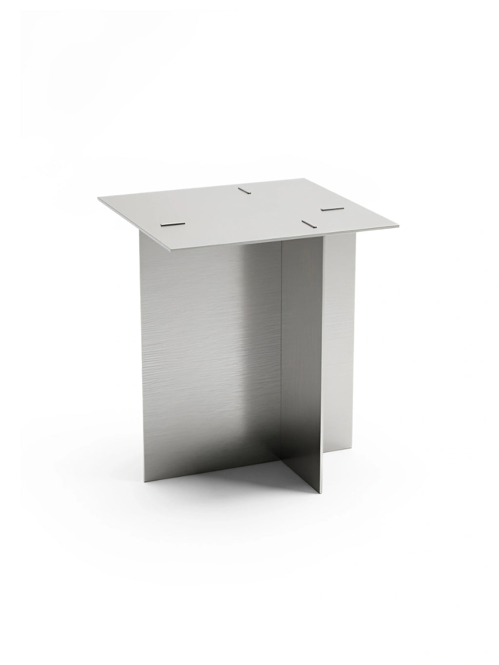 TCL Studios Bauhaus Side Table, a sleek modern minimalist accent table crafted from brushed metallic silver metal with a distinctive geometric base formed by intersecting panels. This industrial chic side table features a square top and a clean, architectural silhouette. Perfect as a contemporary living room end table or a minimalist bedroom accent.