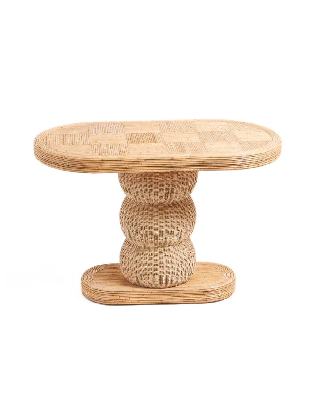 Heaps & Woods Barney Console, a natural rattan console table featuring an oval tabletop with a unique checkered pattern made from wrapped rattan poles, supported by a distinctive pedestal base of three stacked woven rattan spheres and an oval plinth. This warm blonde rattan entryway table is perfect for coastal, boho, or organic modern living rooms and entryways.