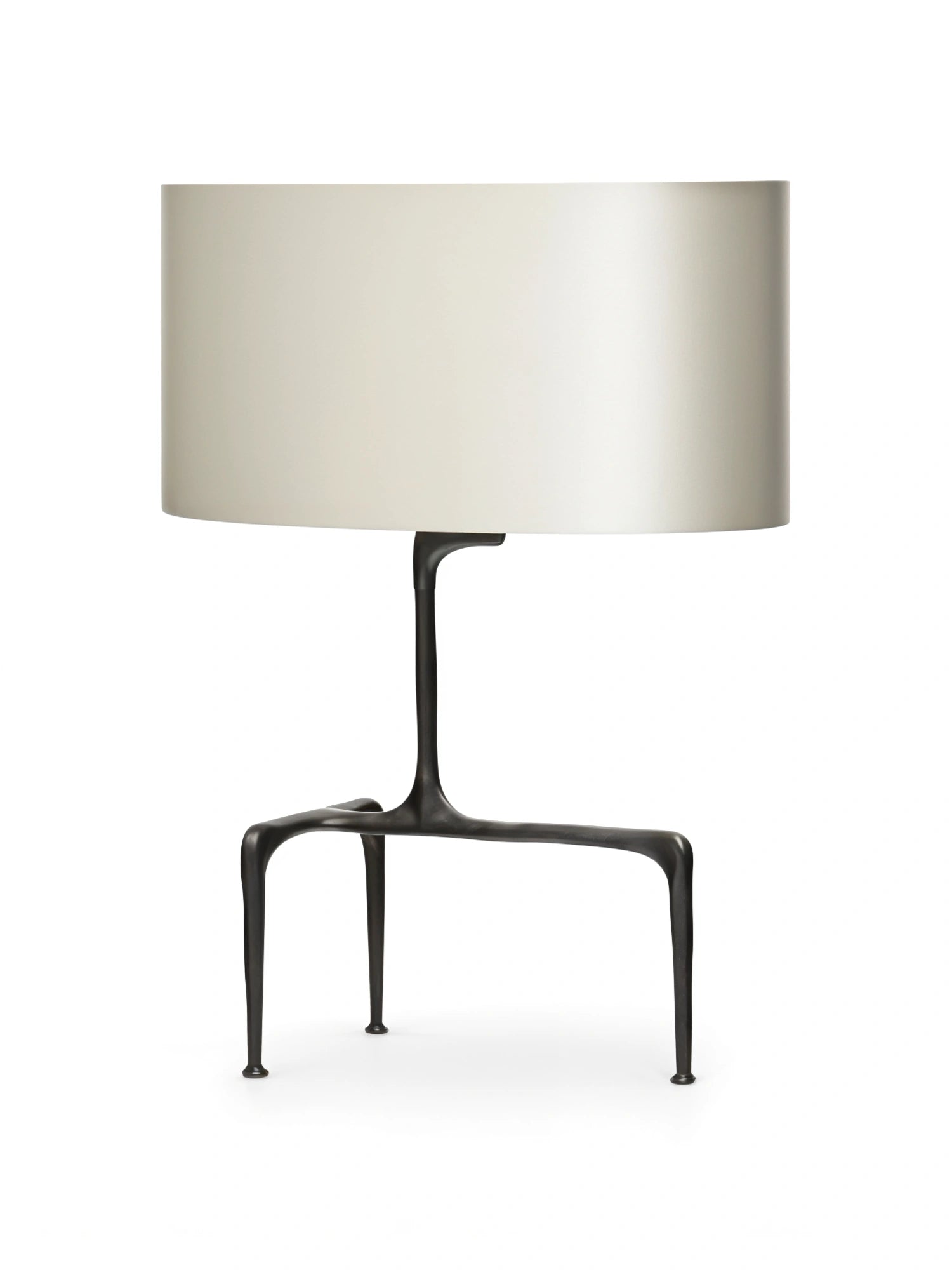 CTO Lighting Braque Table Lamp in a rich bronze finish, showcasing a sophisticated light grey cylindrical shade and a distinctive, modern three-legged base, on a white background.