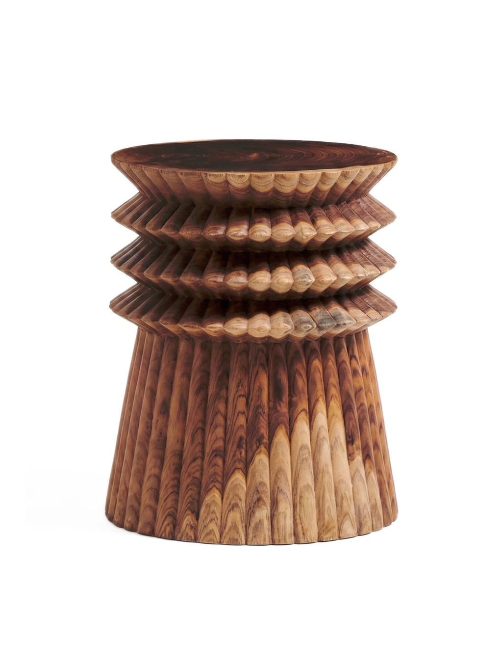 Heaps & Woods Bruna Stool, a sculptural hand-carved solid wood stool featuring rich dark brown wood with a pronounced natural grain and unique textures.