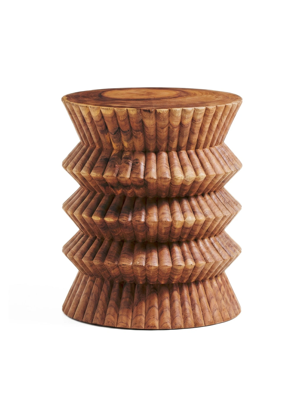 Heaps & Woods Carla Stool, a richly textured solid wood stool featuring a warm brown finish and a distinctive hand-carved, fluted zig-zag pattern across its tiered, hourglass silhouette. This artisanal accent table showcases natural wood grain and organic modern design. Perfect as a rustic side table for living rooms, a unique bedroom accent, or a decorative stool in contemporary spaces.