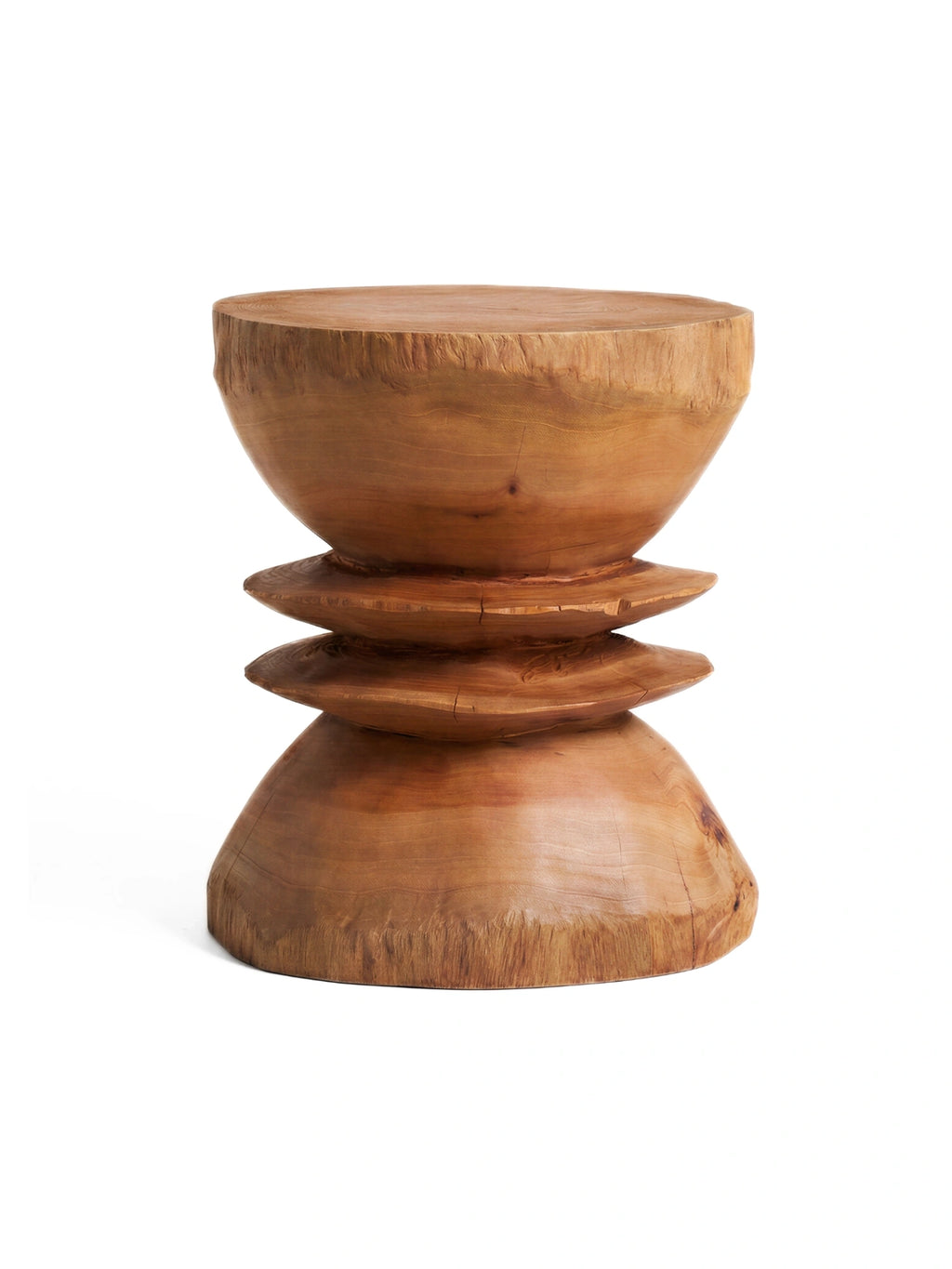 Heaps & Woods Caro Stool, a natural solid wood stool with a warm brown finish and a unique hand-carved sculptural hourglass shape, featuring a smooth top and base accented by two distinctive textured rings. This organic modern accent stool is perfect as a decorative side table, plant stand, or entryway stool for contemporary and rustic-inspired living spaces.