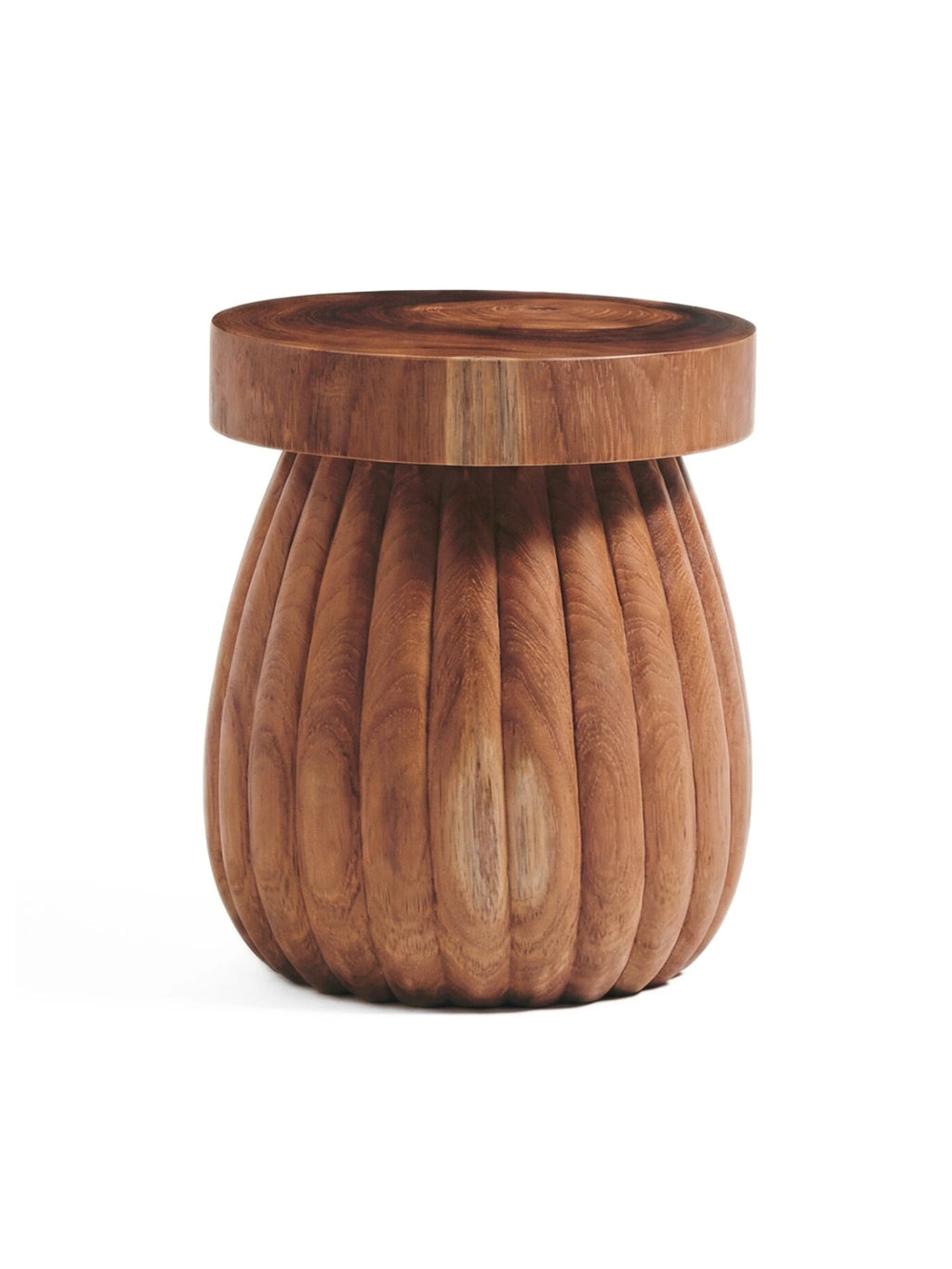 Heaps & Woods Charlotte Stool, a sculptural solid wood accent stool crafted from natural warm brown wood, featuring a thick, flat round top with visible wood rings and a distinctive bulbous body with elegant vertical fluting. Its organic modern design highlights the rich, natural wood grain and smooth carved texture. Ideal as a unique side table, bedside table, or decorative accent stool for contemporary, rustic, or organic minimalist interiors.