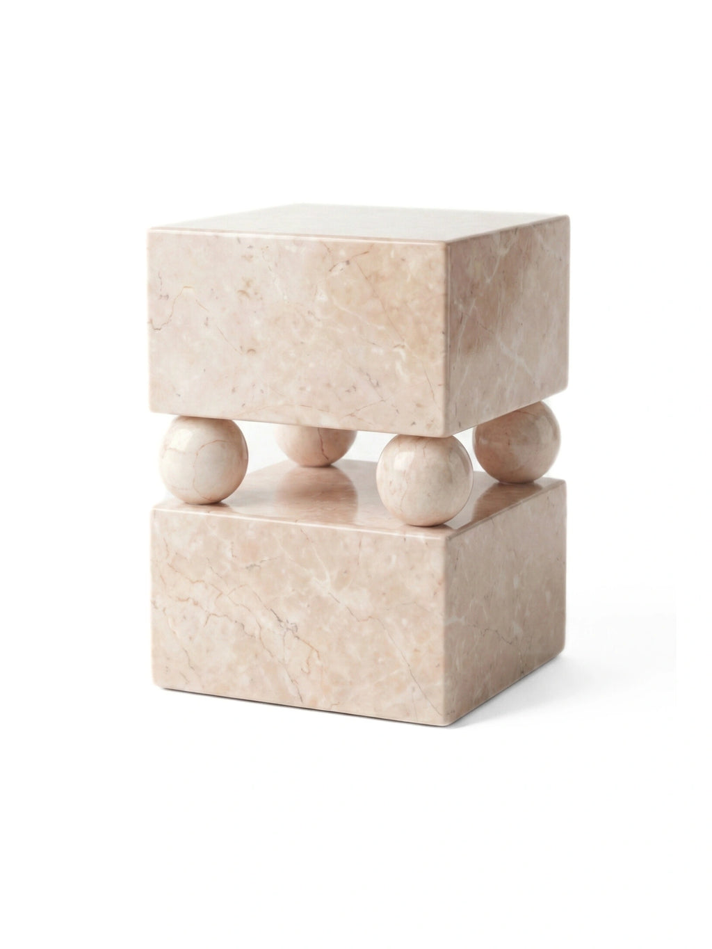 Heaps & Woods Conor Side Table, a modern minimalist sculptural accent table crafted from solid pink beige marble with natural veining. It features two rectangular blocks separated by four smooth spherical marble details, creating a unique geometric silhouette. Perfect as a contemporary bedside table or elegant living room side table for organic modern interiors.