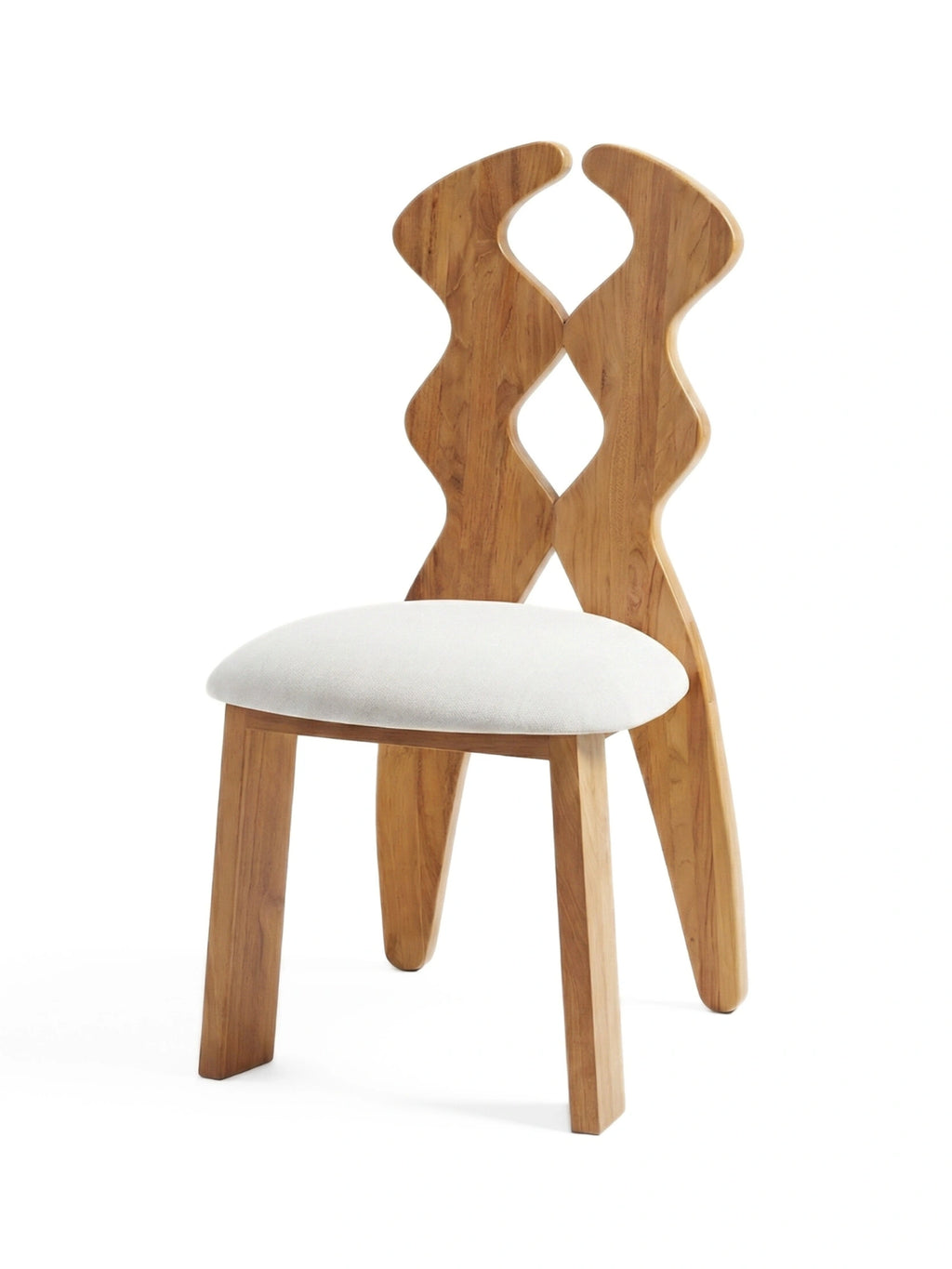 Heaps & Woods Curvy Dining Chair, a distinctive organic modern dining chair crafted from solid wood with a warm natural finish, featuring a unique sculptural wavy backrest. It boasts a comfortable oval-shaped seat upholstered in textured cream fabric, supported by clean, tapered legs. Perfect as a contemporary dining room chair or stylish accent piece for minimalist and artistic interiors.