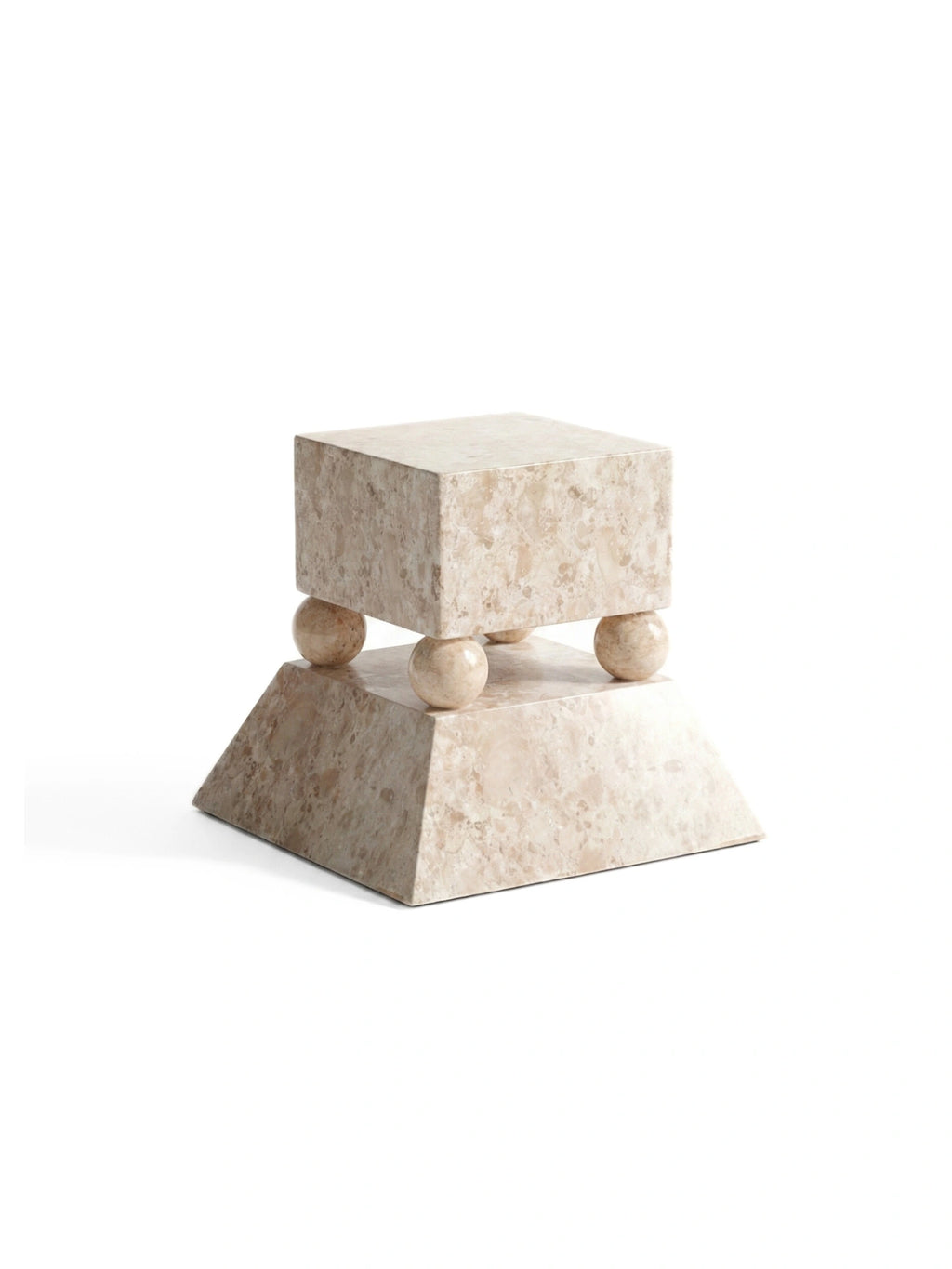 Heaps & Woods Eli Side Table, a sculptural postmodern accent table crafted from light beige travertine marble with a distinctive geometric design. It features a wide tapered base, four spherical marble feet, and a solid square tabletop, all in a warm, natural stone finish with unique veining. This elegant and substantial piece is ideal as a living room side table, bedroom nightstand, or entryway pedestal in contemporary or organic modern interiors.