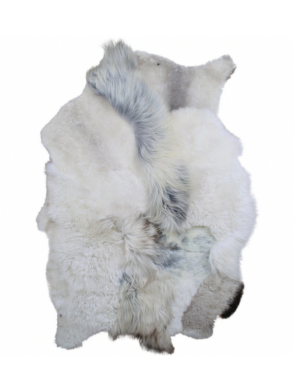 TCL Studios Grey Sheepskin Patchwork Rug, a luxurious natural sheepskin rug featuring a blend of plush, long pile fur patches in varying shades of grey, white, and cream, with subtle dark accents. This cozy, irregular-shaped rug showcases both shaggy and smoother textures, creating an inviting, organic feel. Perfect for adding warmth and rustic charm to a Scandinavian living room, boho bedroom, or organic modern den.