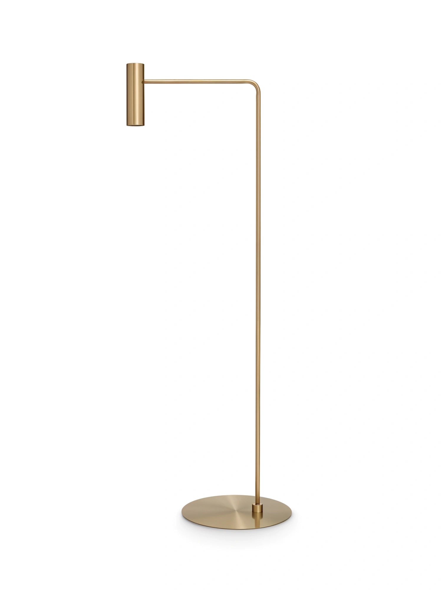 CTO Lighting Heron Floor Lamp, a stunning brass floor lamp with a clean, architectural design, featuring a cylindrical light source and a sturdy circular base on a white background.