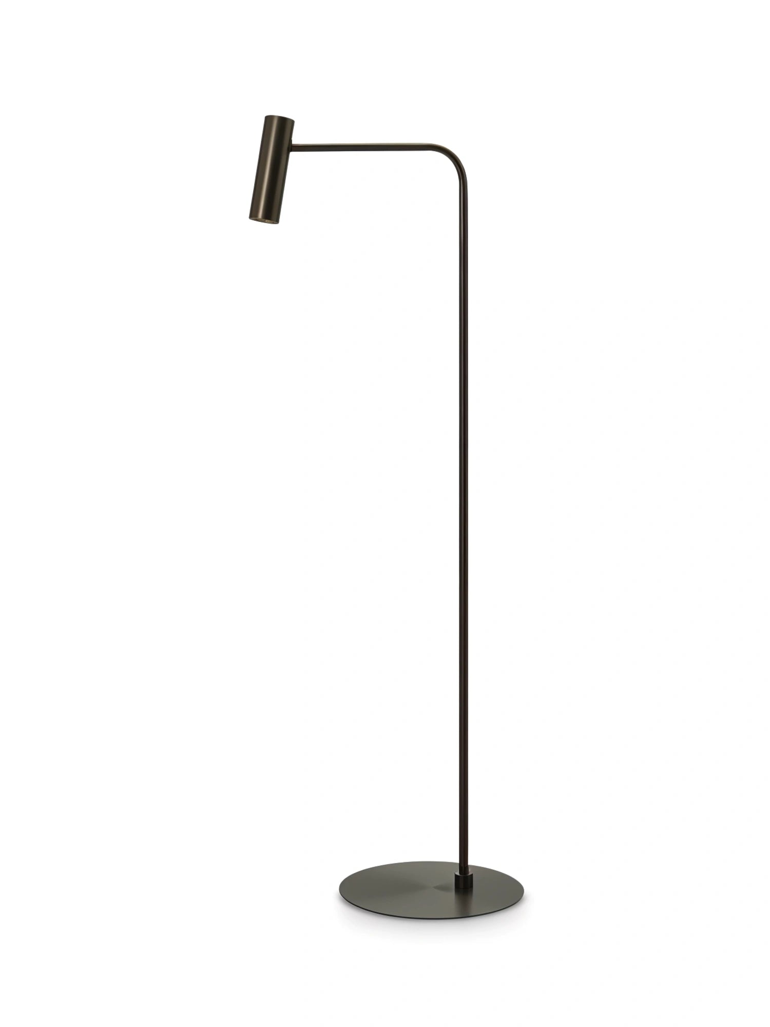 CTO Lighting Heron Floor Lamp, a sophisticated bronze floor lamp with a slender, curved arm and a cylindrical light head, standing on a minimalist white background.