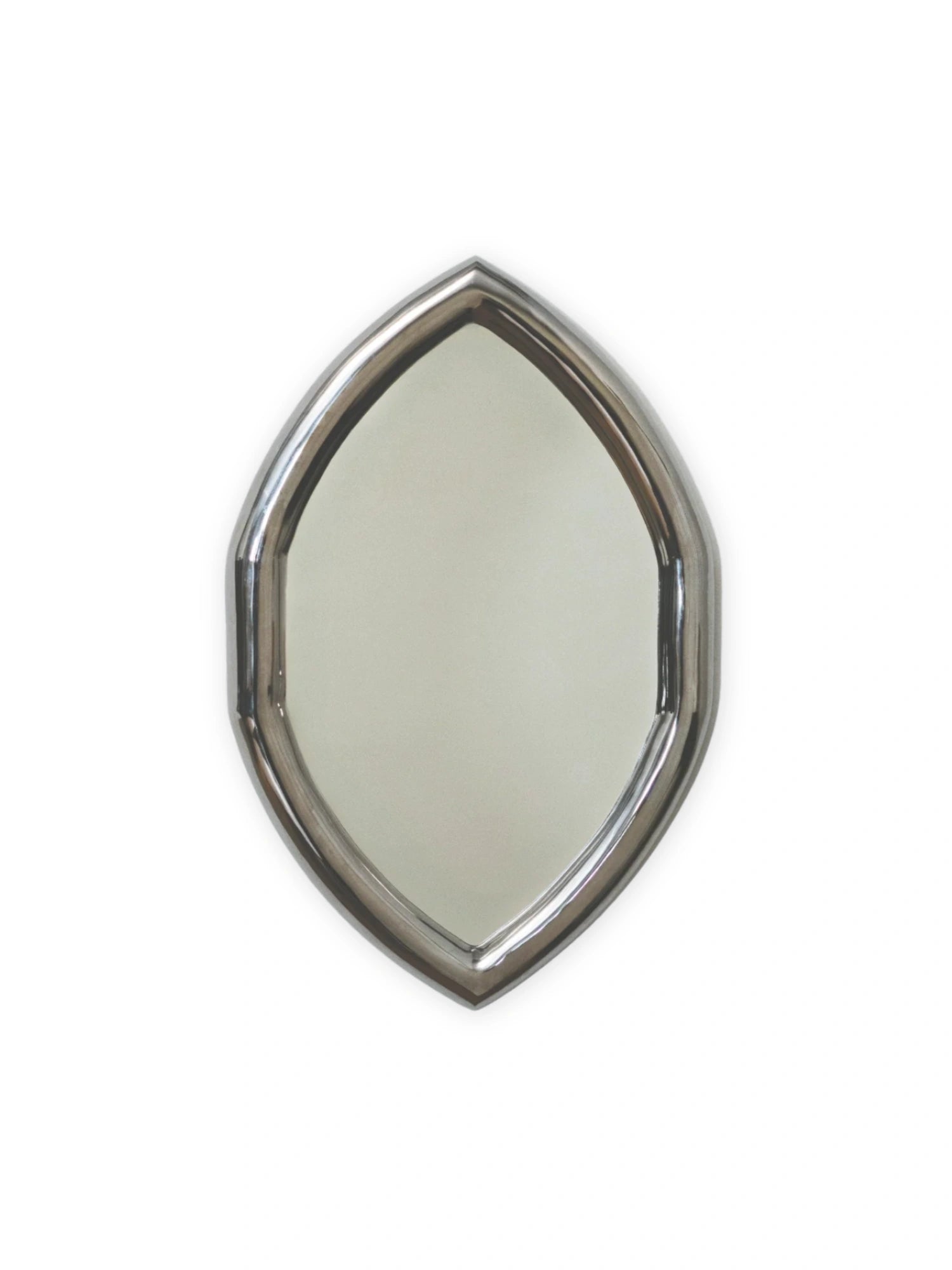 Hein Studio Iris Mirror, a sleek modern wall mirror with a distinctive elongated lancet arch silhouette, featuring a highly polished chrome frame that beautifully reflects light.