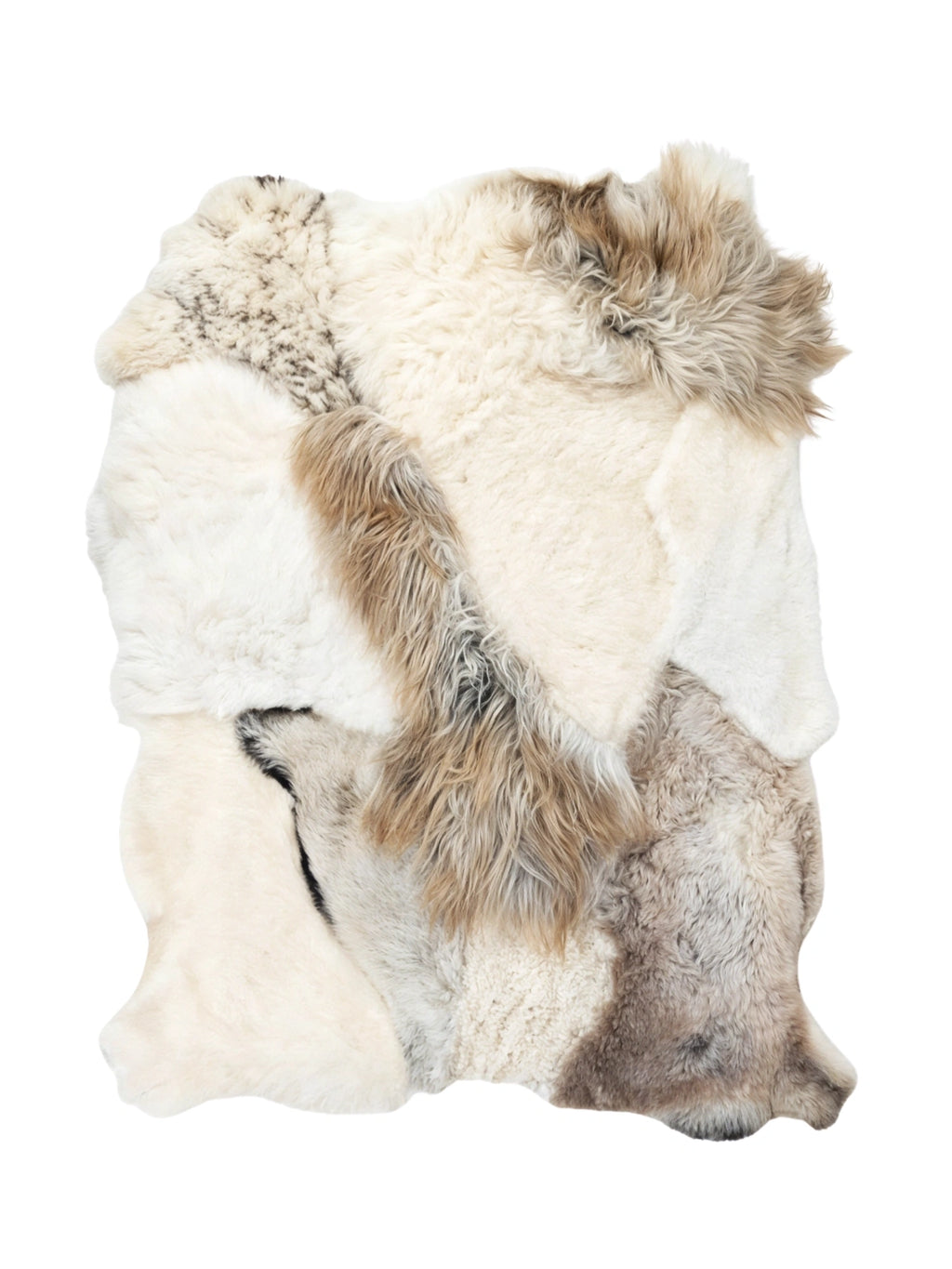TCL Studios Melange Sheepskin Patchwork Rug, a luxurious natural sheepskin area rug featuring an organic patchwork design in varied shades of cream, ivory, beige, and taupe with long, shaggy wool textures. This soft, cozy throw rug creates a rustic, Scandinavian, or organic modern accent, perfect for a living room, bedroom, or cozy reading nook.