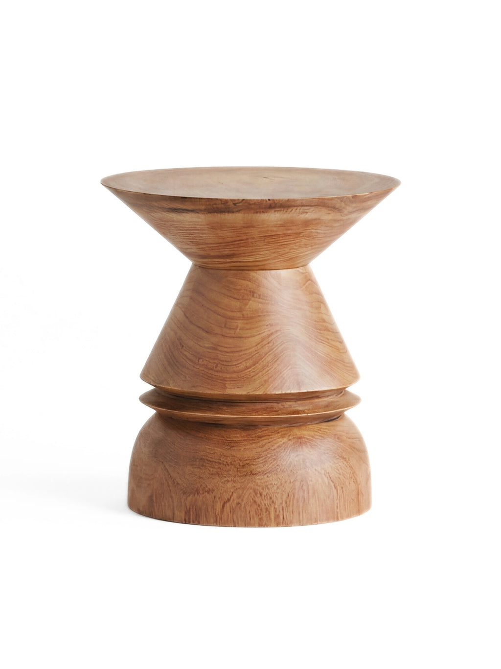 Heaps & Woods Lilu Stool, a sculptural solid wood accent stool crafted from natural light brown wood with visible grain, featuring a unique turned hourglass silhouette composed of an inverted conical top, a wider mid.