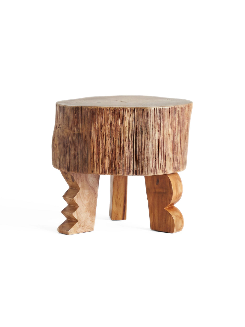 Heaps & Woods Luisa Stool, a sculptural organic modern accent stool crafted from solid natural wood with varied brown tones and a distinctive vertically carved cylindrical body, providing a rich, textural brutalist.