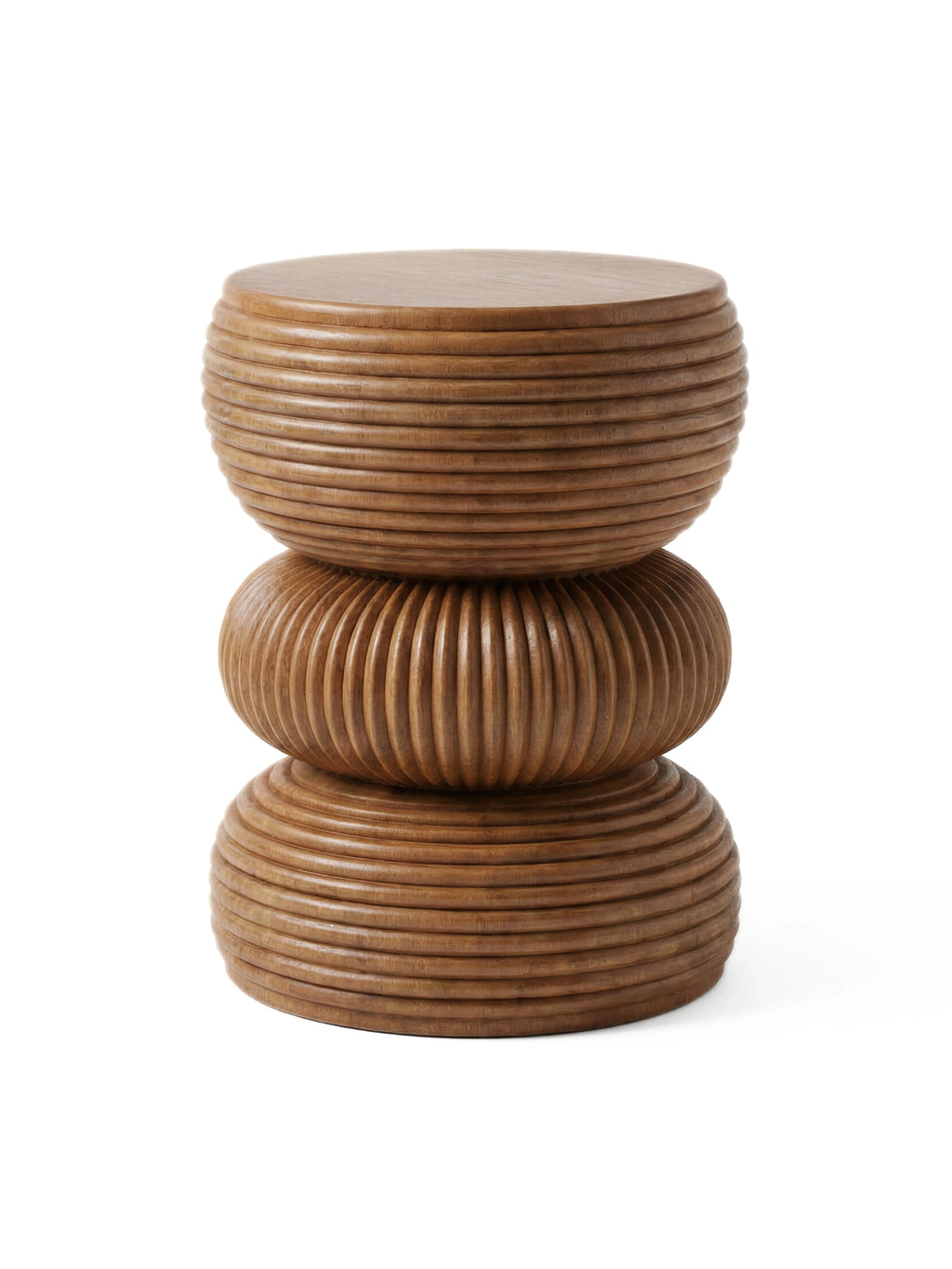 Heaps & Woods Luka Stool, a warm natural brown solid wood stool featuring a distinctive reeded texture and a stacked, hourglass-inspired silhouette composed of three rounded, fluted sections. This organic modern accent table or decorative stool is perfect for contemporary living rooms, bedrooms, or as a unique bedside table.