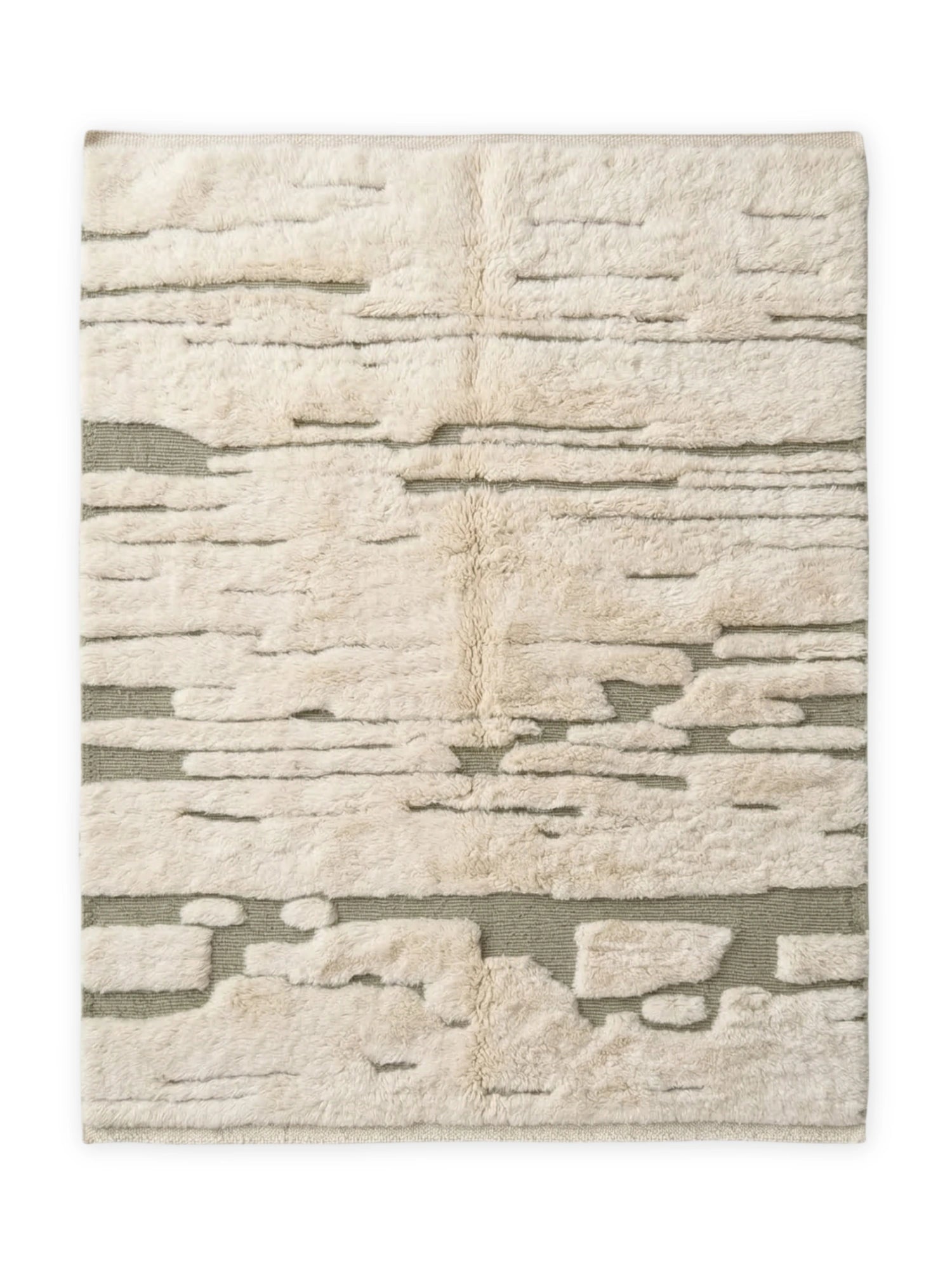 TCL Studios Meadow Wool Rug, a premium hand-knotted wool area rug featuring an abstract organic design with a high-pile cream shaggy texture contrasted against a low-pile sage green base. This luxurious textured rug brings warmth and a natural aesthetic to organic modern living rooms, Scandinavian bedrooms, or contemporary minimalist spaces.