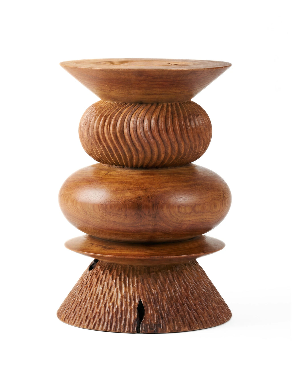 Heaps & Woods Nala Stool, a striking hand-carved solid wood accent stool featuring a warm brown finish and a captivating sculptural silhouette.