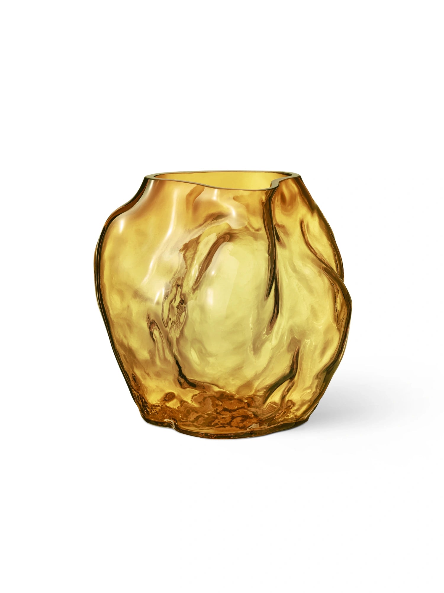 New Works A STUDY 001 / Blæhr Vase in amber-toned, hand-blown glass, featuring an organic, sculptural form with deep ridges. This luxury piece is showcased as a studio shot on a white background. Perfect for adding a unique, artistic touch to any modern interior.