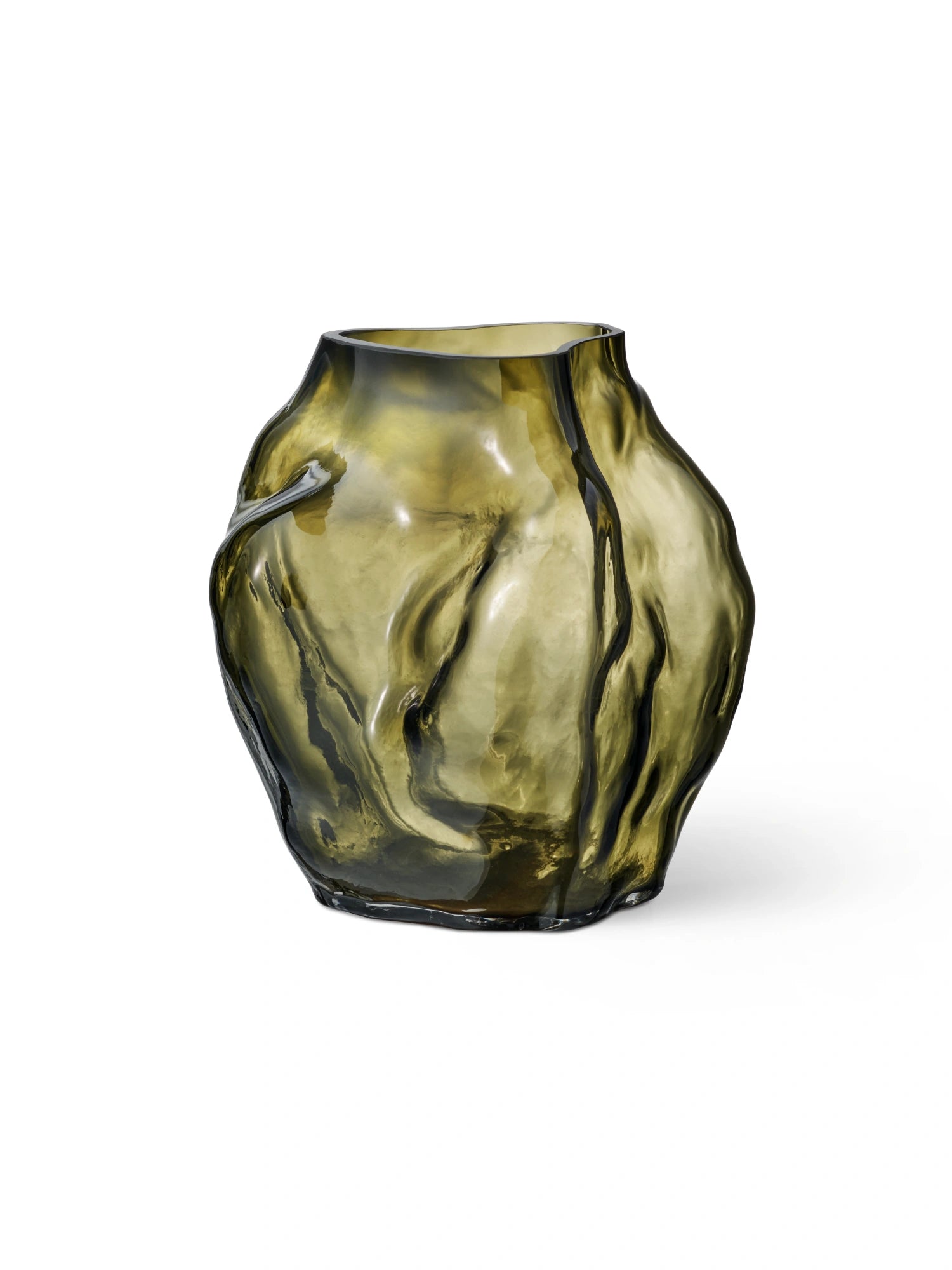 New Works' A STUDY 001 / Blæhr Vase, a premium dark olive green hand-blown glass vase with an organic, wavy texture, depicted on a white background. Ideal for modern home decor.