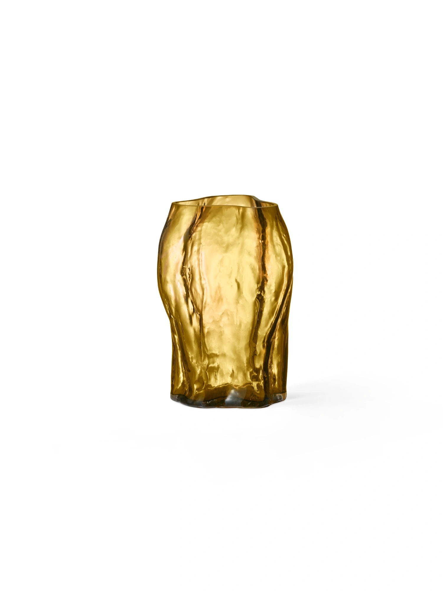 New Works A STUDY 001 / Blæhr Vase, a unique golden-yellow blown glass vase with organic, wavy contour, shown on a white background. This premium, artisanal decorative piece is ideal for modern interior design.