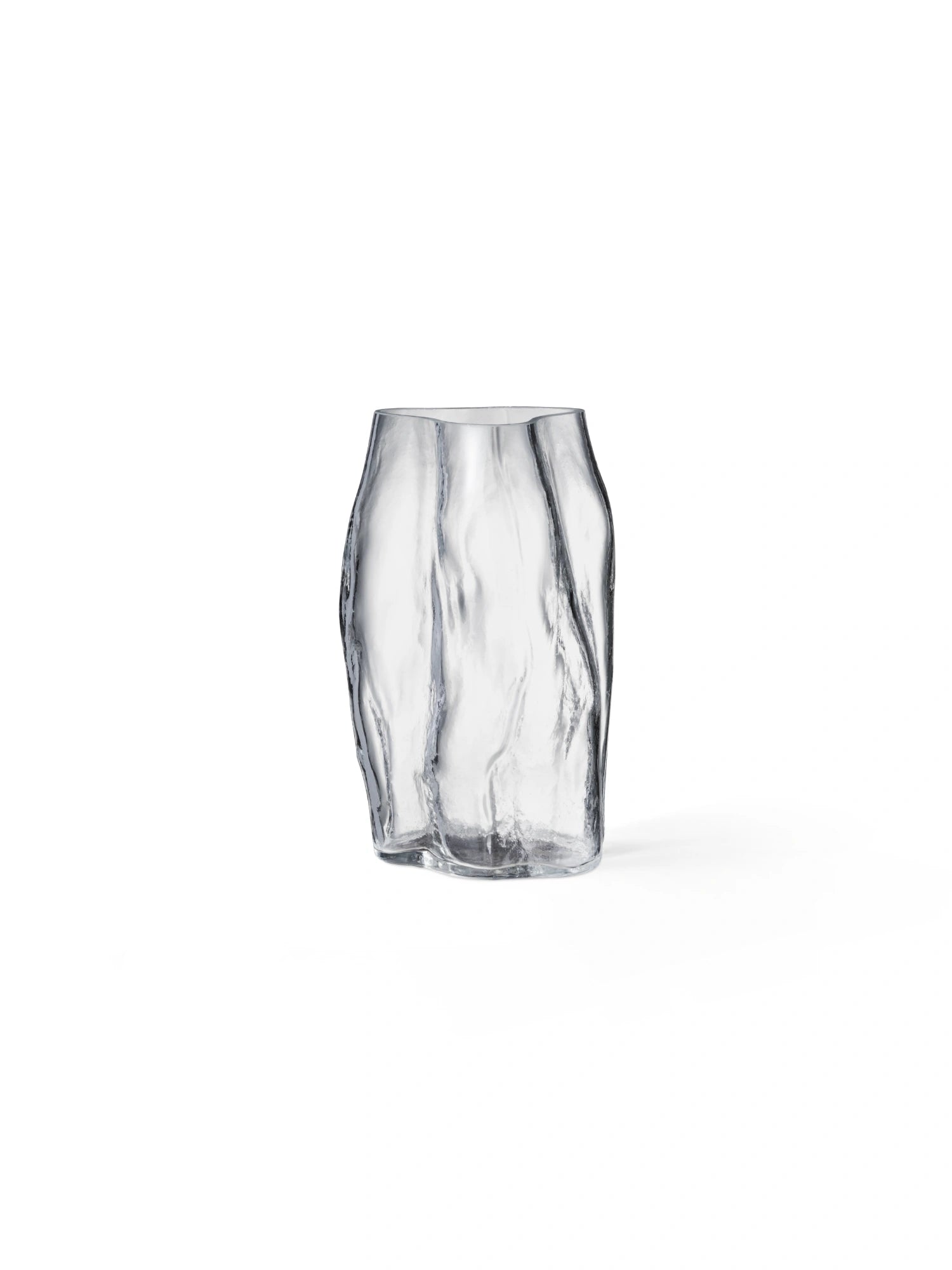 New Works A STUDY 001 / Blæhr Vase, a premium clear glass vase with an organically sculpted, irregular texture and wavy rim, displayed on a clean white background. Ideal for modern minimalist decor.