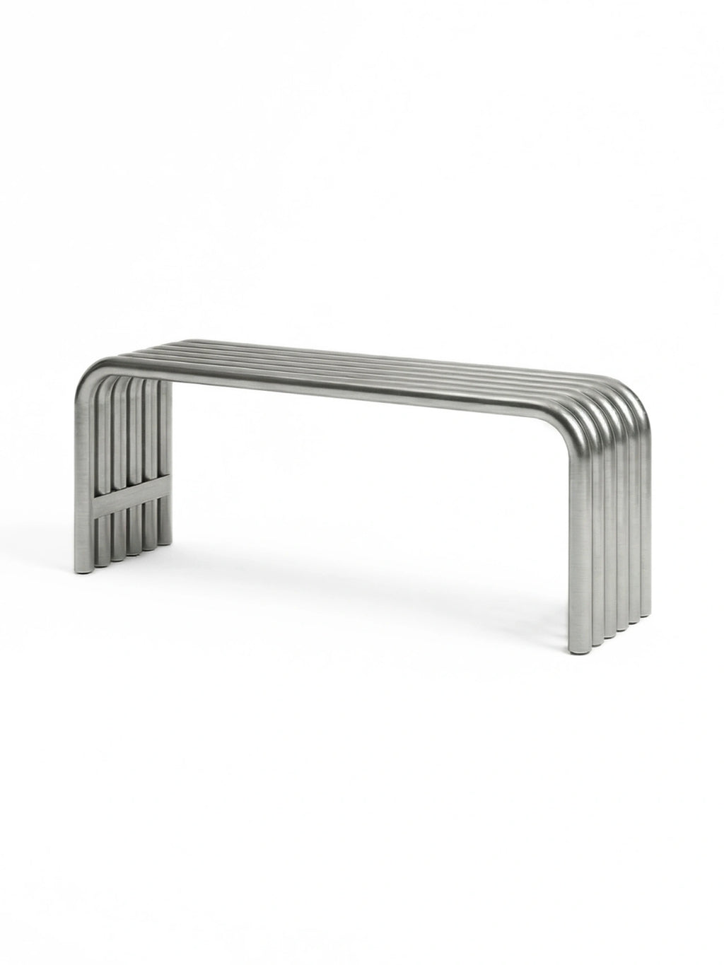 noo.ma Nokk Bench, a sleek modern minimalist bench crafted from brushed stainless steel tubing, featuring a series of parallel curved metal tubes that form both the seat and the legs in a striking U-shaped profile. This contemporary silver metal bench offers a clean, industrial chic aesthetic. Perfect as brutalist entryway seating, a modern living room accent, or versatile commercial furniture.