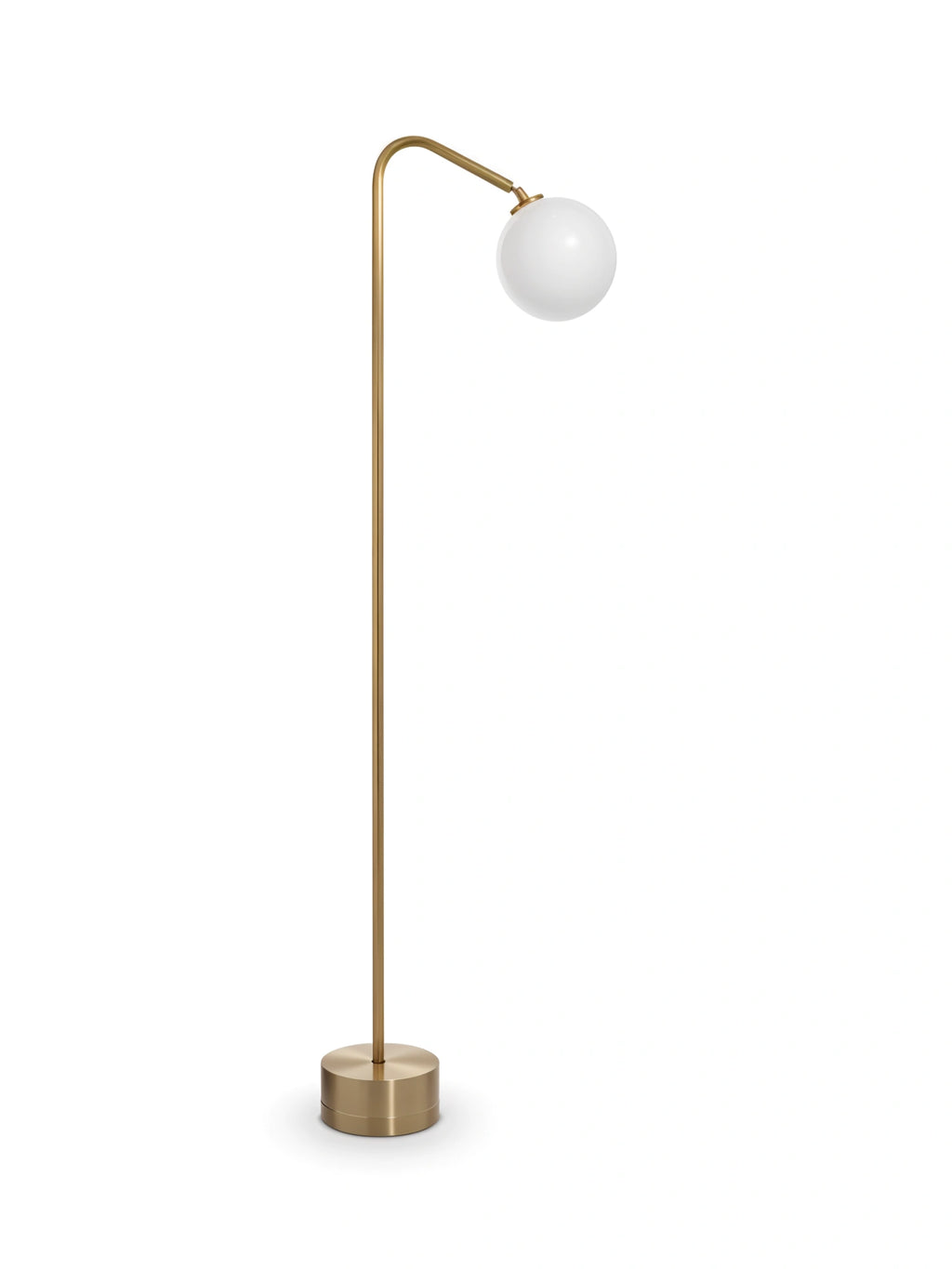 CTO Lighting Oscar Floor Lamp, a minimalist and elegant design with a polished brass finish and a white opal glass globe diffuser, standing tall on a clean white background.