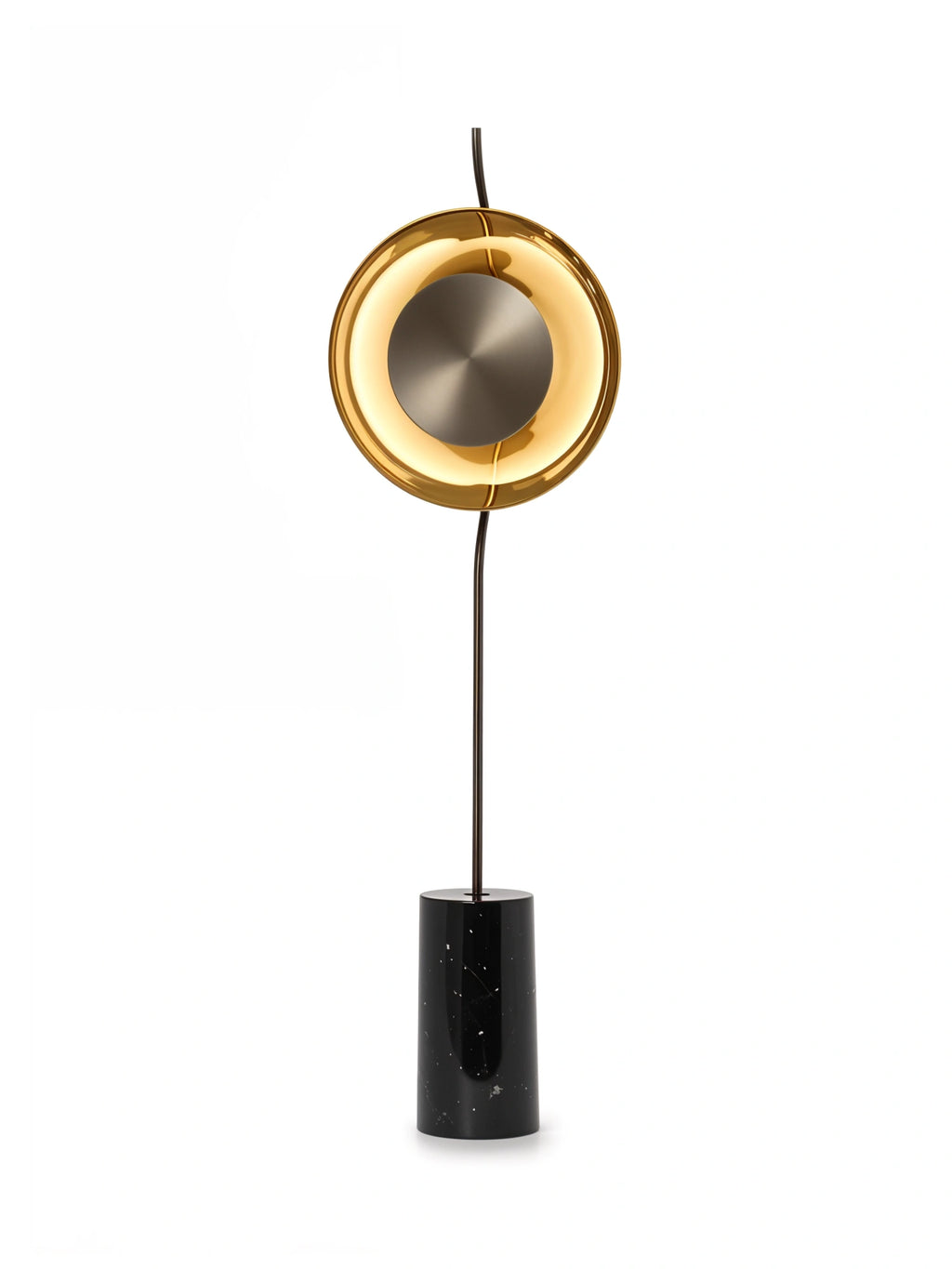 CTO Lighting Pendulum Floor Lamp, featuring a sleek black marble base with white flecks, supporting a slender black stem that culminates in a striking brass and brushed metal circular light fixture, on a white background.