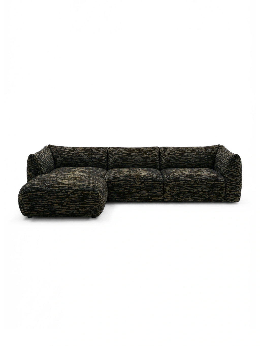 TCL Studios Rèverie Sofa, a modern modular L-shaped sectional sofa featuring luxurious dark olive green and black textured upholstery with a plush, inviting feel and subtle striped pattern. Its low-profile design and soft, organic curves create a contemporary, sculptural form, perfect for spacious organic modern living rooms or minimalist interiors seeking a statement piece.