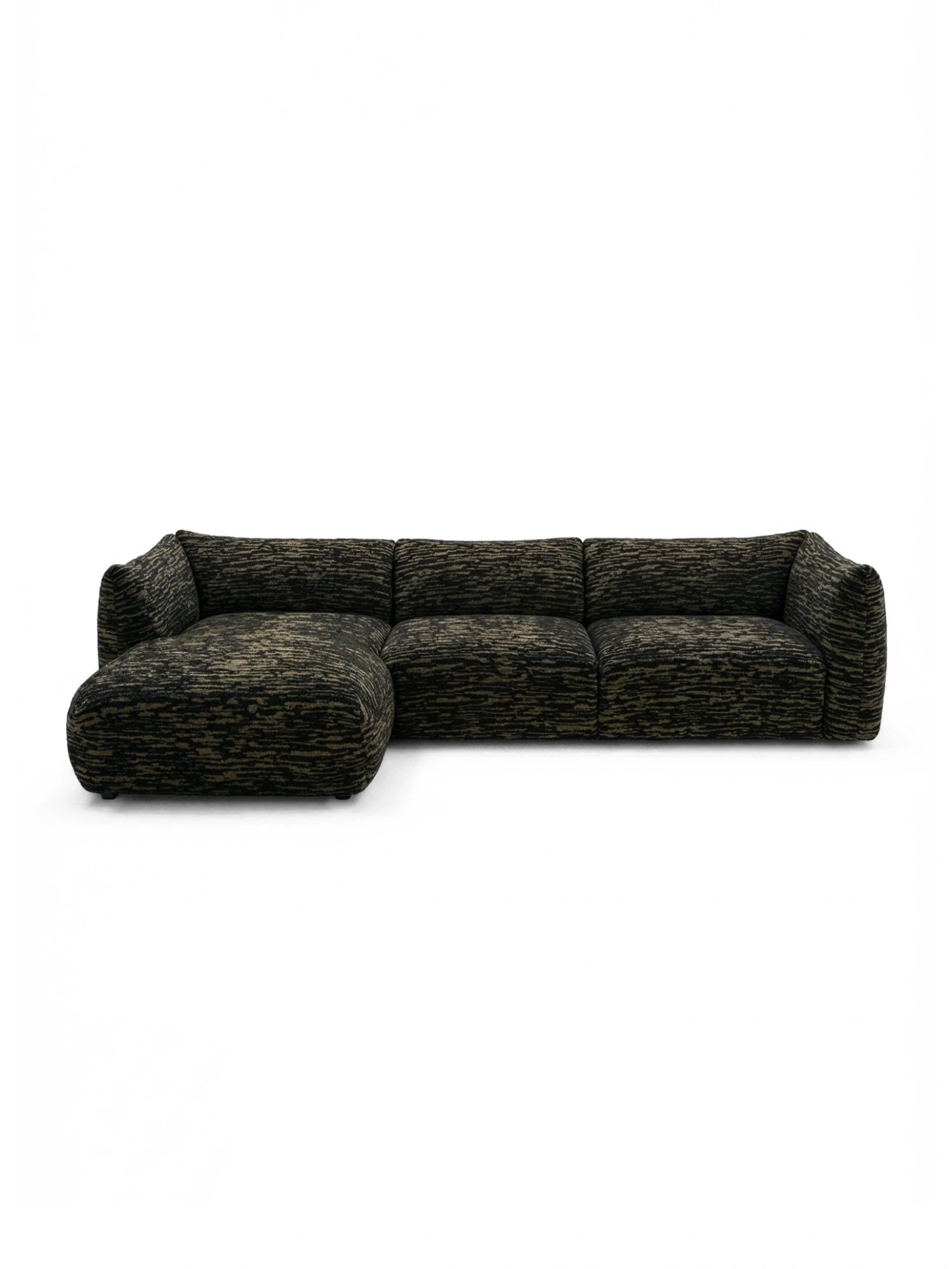 TCL Studios Rèverie Sofa, a modern modular L-shaped sectional sofa featuring luxurious dark olive green and black textured upholstery with a plush, inviting feel and subtle striped pattern. Its low-profile design and soft, organic curves create a contemporary, sculptural form, perfect for spacious organic modern living rooms or minimalist interiors seeking a statement piece.