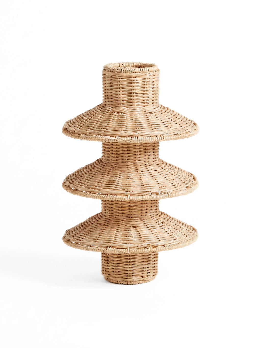 Heaps & Woods Rose Table Lamp, a unique organic modern table lamp crafted from natural hand-woven rattan with a light beige finish and a distinctive tiered, sculptural silhouette. Its three conical shades stack elegantly on a cylindrical base, creating a beautiful textured accent light. Perfect as a bedside table lamp or for boho living room shelf styling.